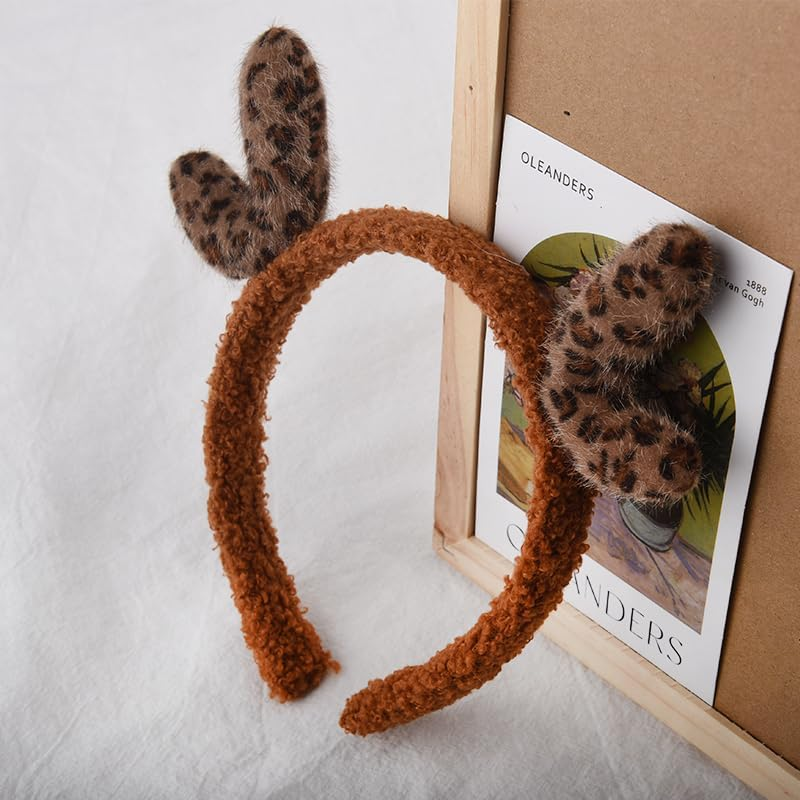Plush Christmas Deer Antlers Headband Christmas Holiday Head Hair Accessories for Girls Women Soft Reindeer Antlers Headband Hairband Leopard Deer Ears Headband Deer Antlers Costume Headwear Headband image number 6