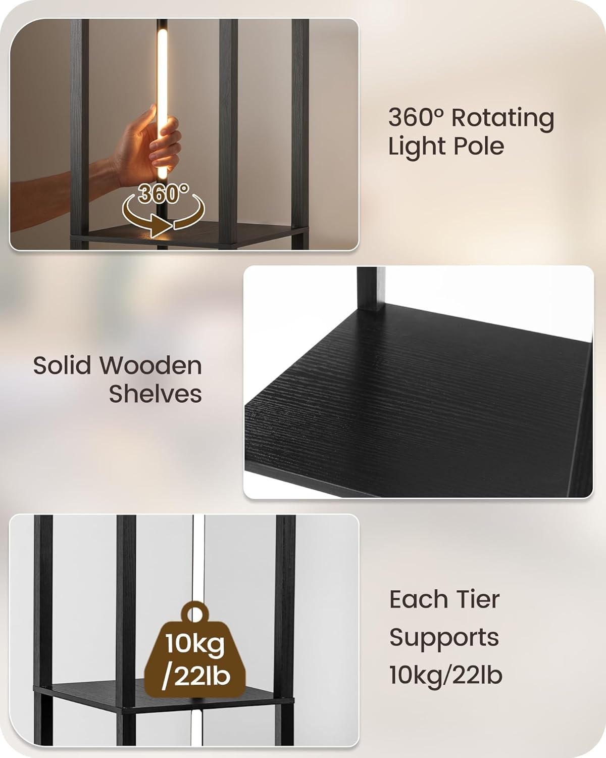 LED Floor Lamp with Shelves, Modern Corner Shelf with Light, LED Floor Lamp with Remote for Living Room, Stepless Dimmable Standing Tall Light for Bedroom, Office