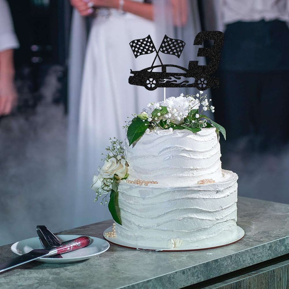 SWEETTALA Racing Car 3Rd Cake Topper for Race Car Checkered Flag Themed Kids Boy Girl 3 Years Old Birthday Party Decorations Black Glitter