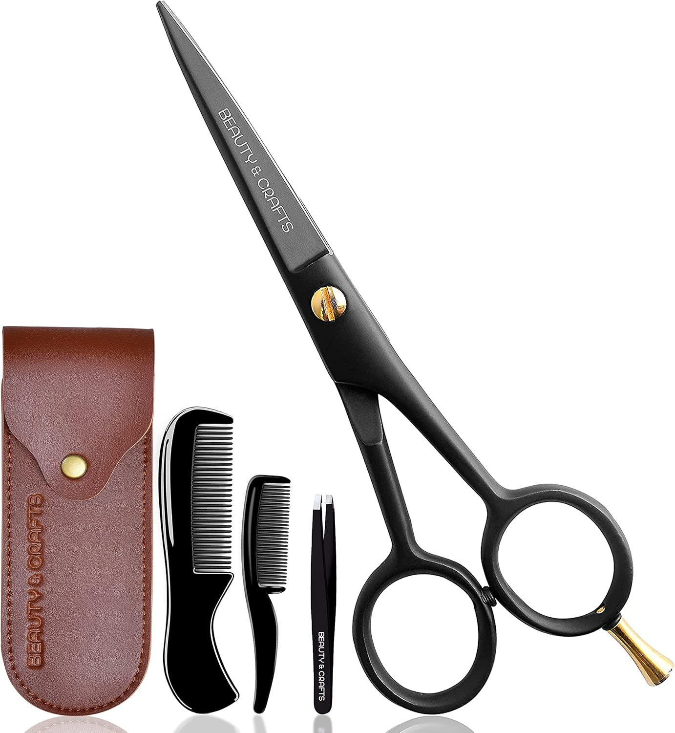 Beauty & Crafts- 5'' German Beard Mustache Scissor- 2 Mustache Combs for Facial Hair with Beautiful Pouch - Beard Trimming Scissors Use for Grooming, Cutting, and Styling of Mustache (Black)