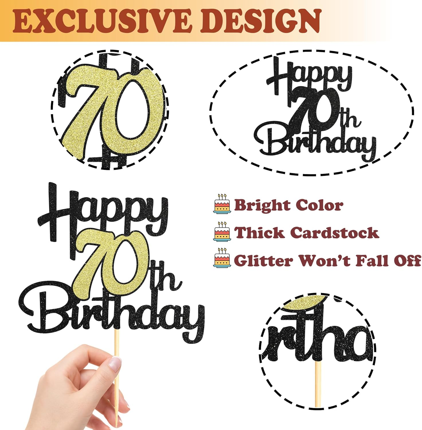 Sotpot 1 Pack Black&Gold Glitter 70Th Cake Topper, 70Th Birthday Cake Decorations for Birthday Party Anniversary Party Supplies image number 3