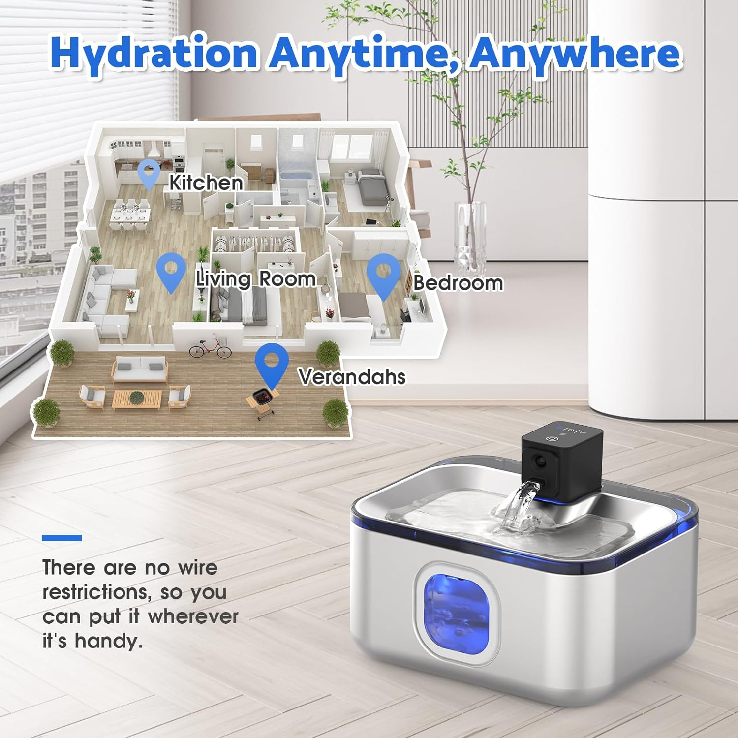 Advwin 5L/169Oz Wireless Stainless Steel Cat Water Fountain, 4000Mah Battery Operated Rechargeable Pet Dog Water Dispenser Indoor, Automatic Pet Drinking Water Bowls with Motion Sensor & Quiet Pump image number 3