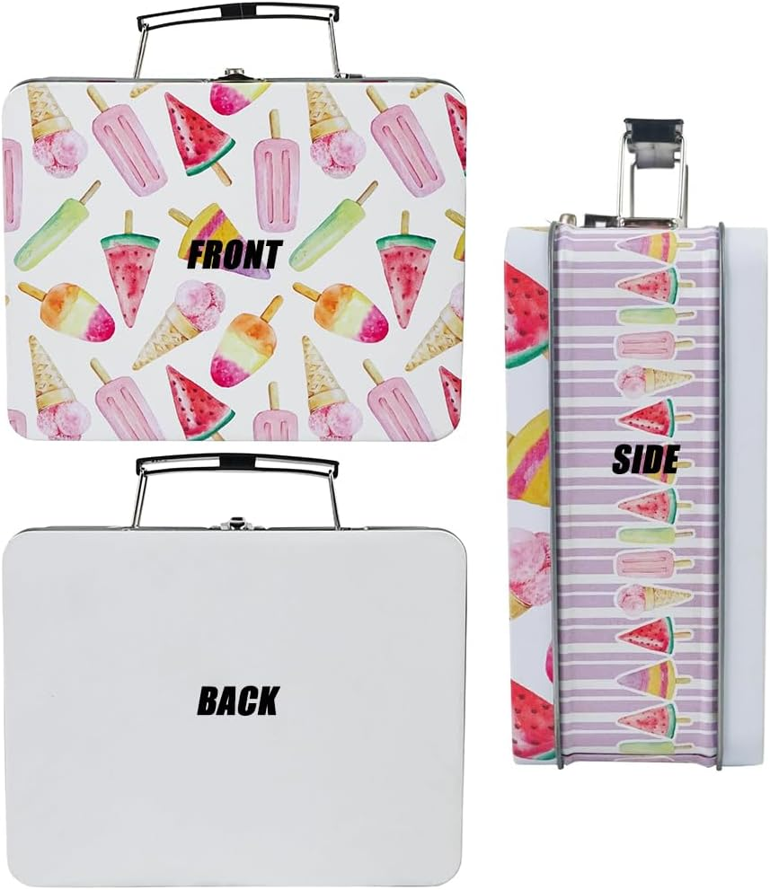 Dreamseden 2-Pack Tin Storage Box Set - Small Handheld Decorative Metal Box with Handle - Adorable Popsicles & Vintage Sketch Patterns 7.8 X 6.1 X 2.9 Inch Keepsake Case Gift Set image number 2