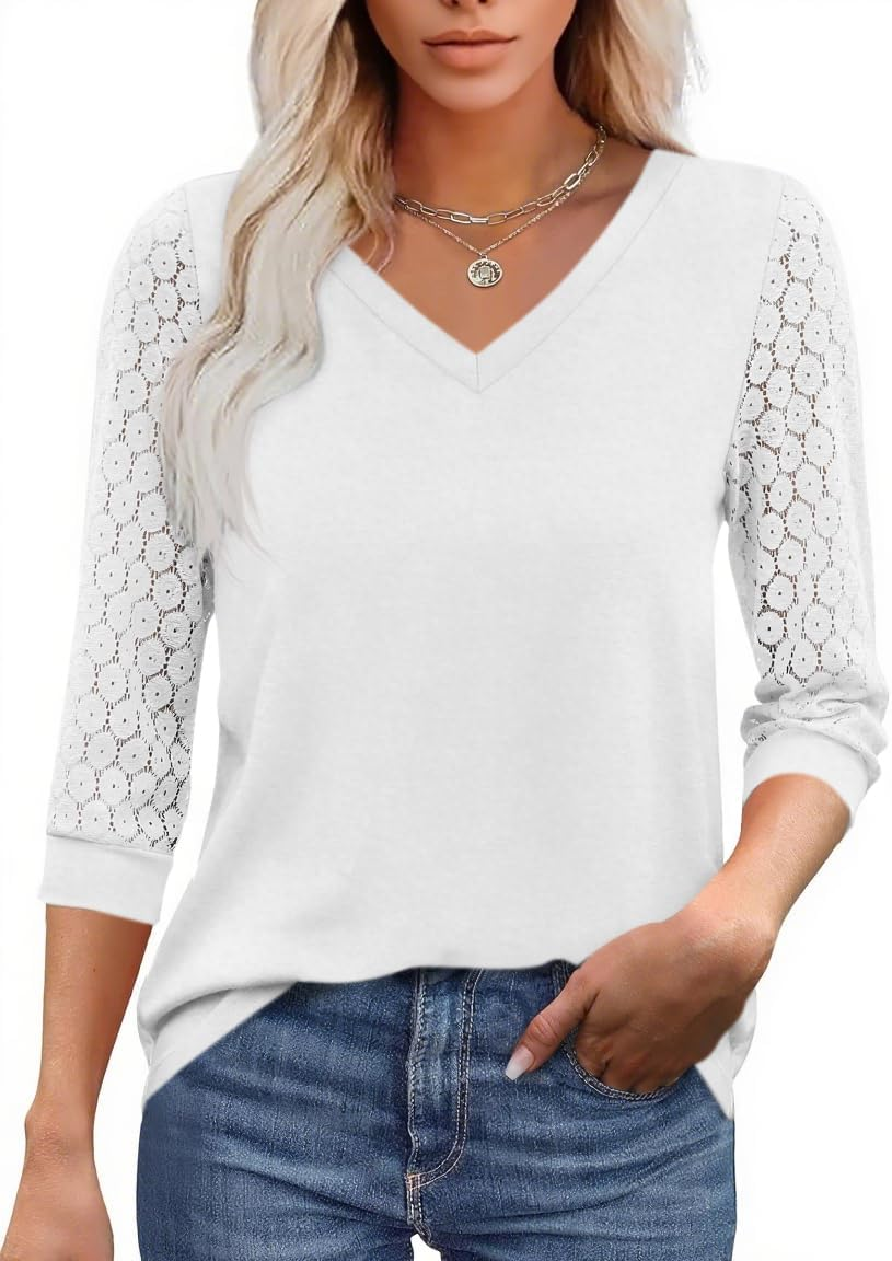Cicy Bell Women'S Blouses V-Neck 3/4 Lace Sleeve Tops for Business & Casual Wear