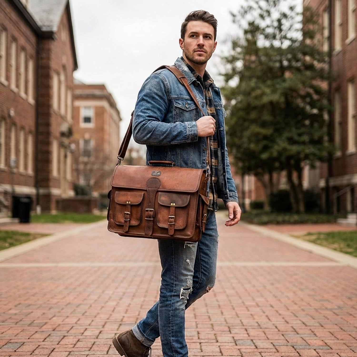 Cuero Vintage Handmade Leather Travel Crossbody Laptop Briefcase for Men and Women image number 5