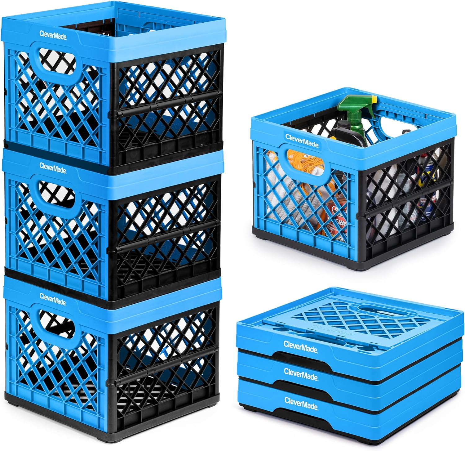 Clevermade Collapsible Milk Crate, Neptune Blue, 3PK - 25L (6 Gal) Stackable Storage Bins, Holds 50Lbs per Bin - Clevercrates Are Heavy Duty, Plastic Collapsible Storage Crate for Multi Purposes