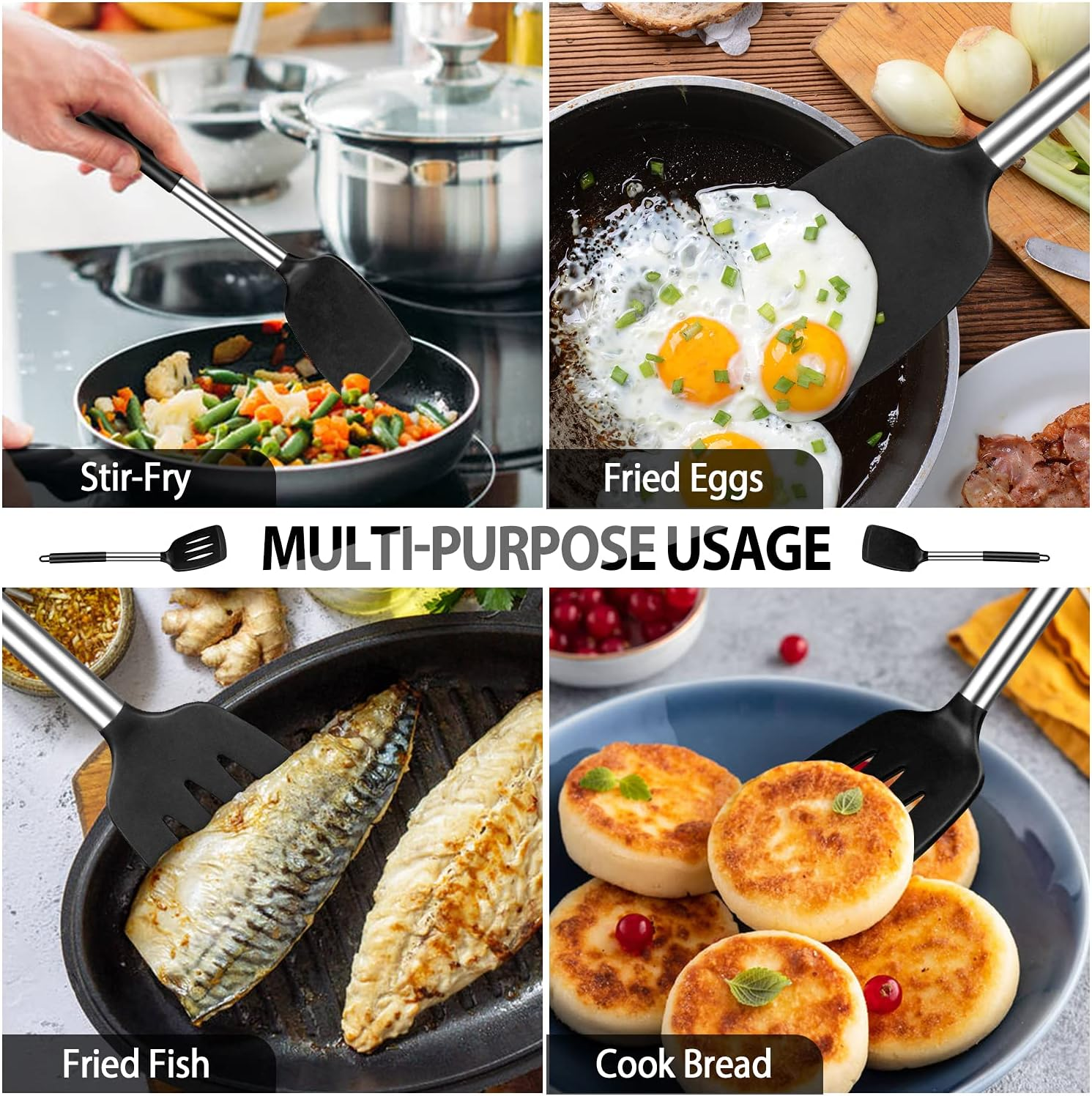 2 Pack Silicone Spatulas Turners, Stainless Steel Cooking Utensils BPA Free,Heat Resistant,Non Stick,Rubber Spatulas for Fish, Eggs, Pancakes, WOK, Black - Gray image number 3