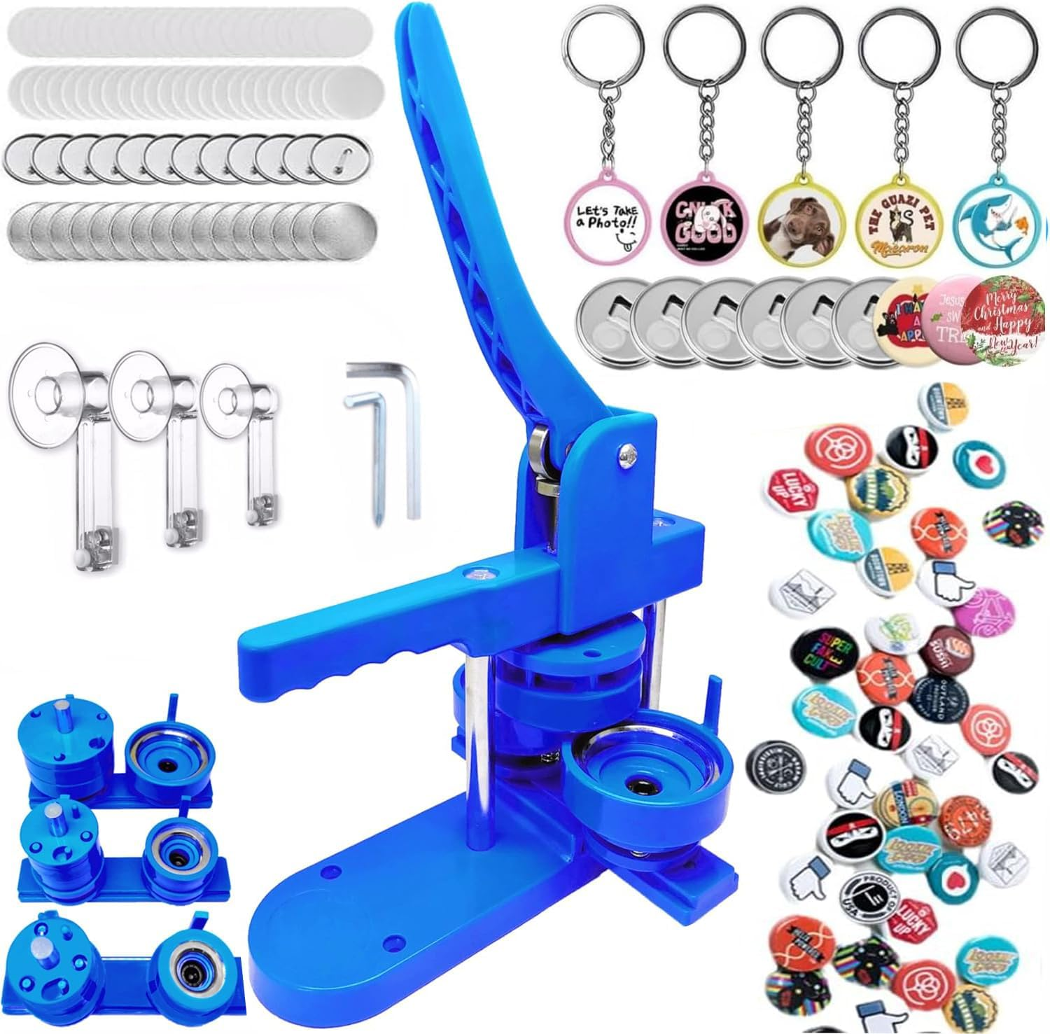 Button Maker Machine, Badge Making Machine Multiple Sizes 25-32-58Mm, 500 Buttons,15 Bottle Openers,15 Fridge Magnets,15 Keychain Buttons, 500+ Free Designs,3 Circle Cutters (Blue)