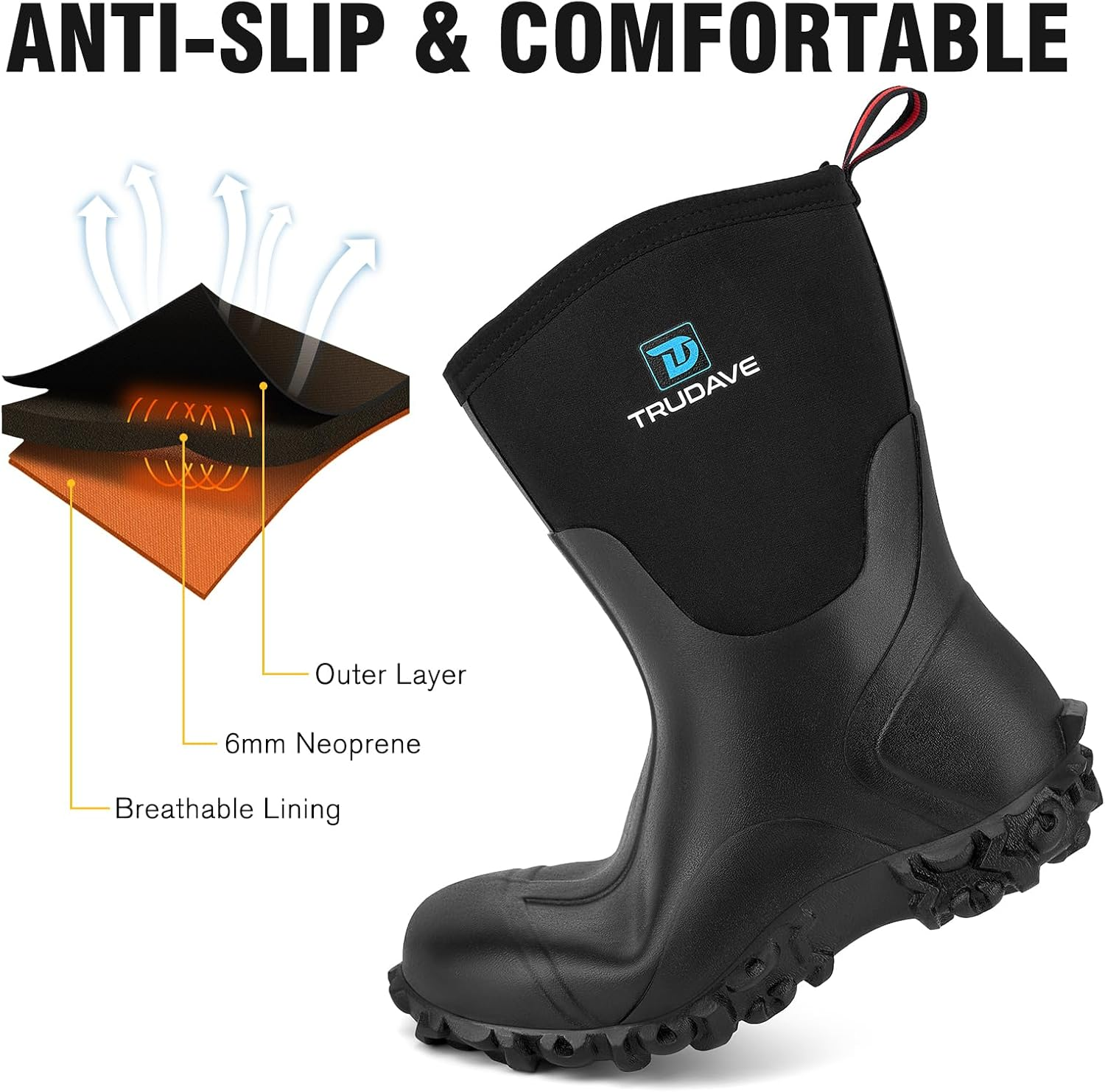 Trudave Rubber Boots for Women with Steel Shank, 6Mm Neoprene Mid Calf Rain Boots, Waterproof Insulated Mud Work Boots All Season, Size 5-11 image number 6