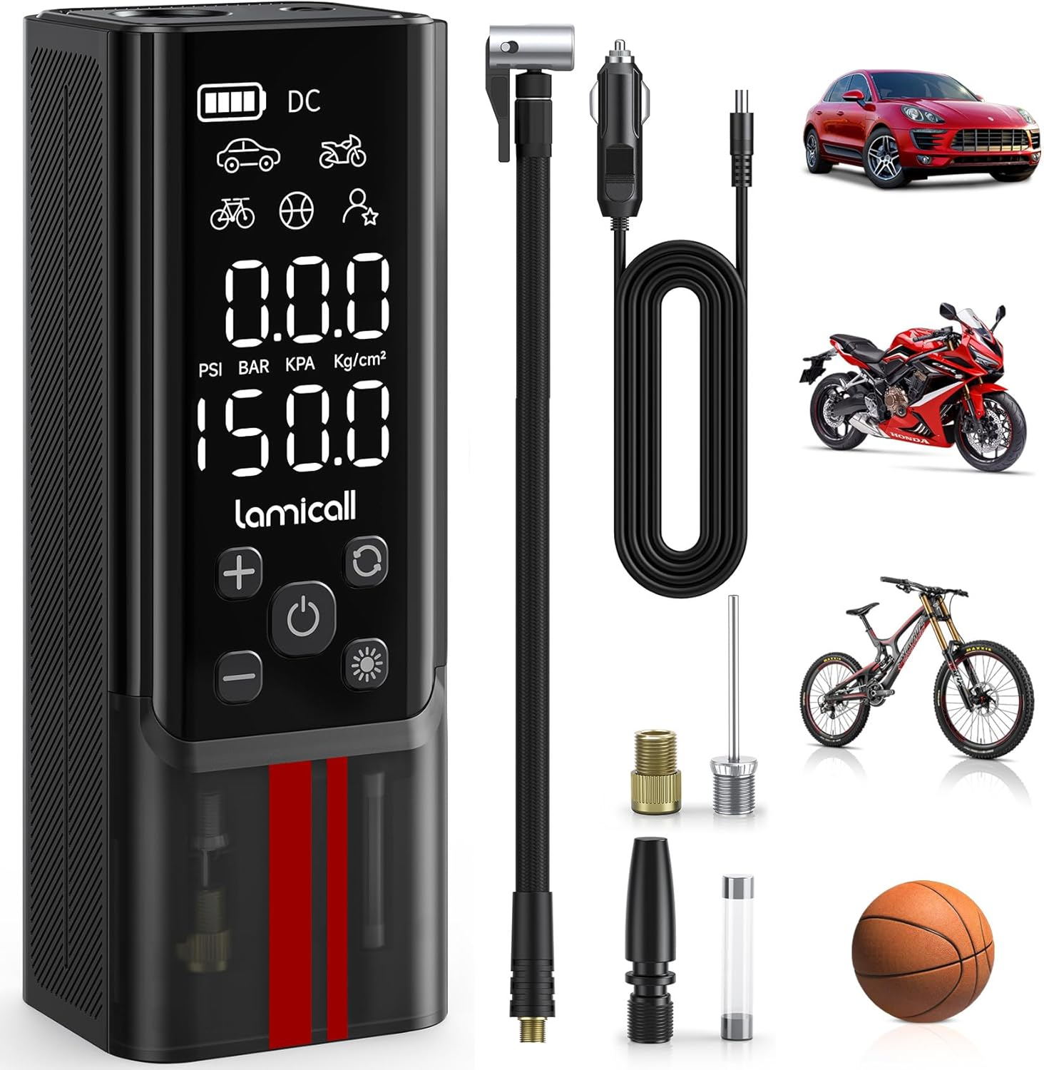 Tire Inflator Portable Air Compressor - Lamicall 150 PSI Cordless Car Air Pump, 1 Min Fast Inflate, Electric Tire Pump with 12V DC, Digital Pressure Gauge, LED Light, for Auto, Bike, Motorcycle, Ball