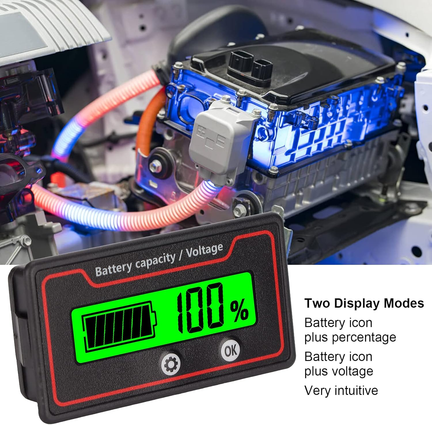 12-84V Battery Capacity Indicator Voltage Meter, Battery Monitor Battery Power Indicator Panel for Electric Vehicle Battery Packs, Etc (Green Light) - White Light image number 4