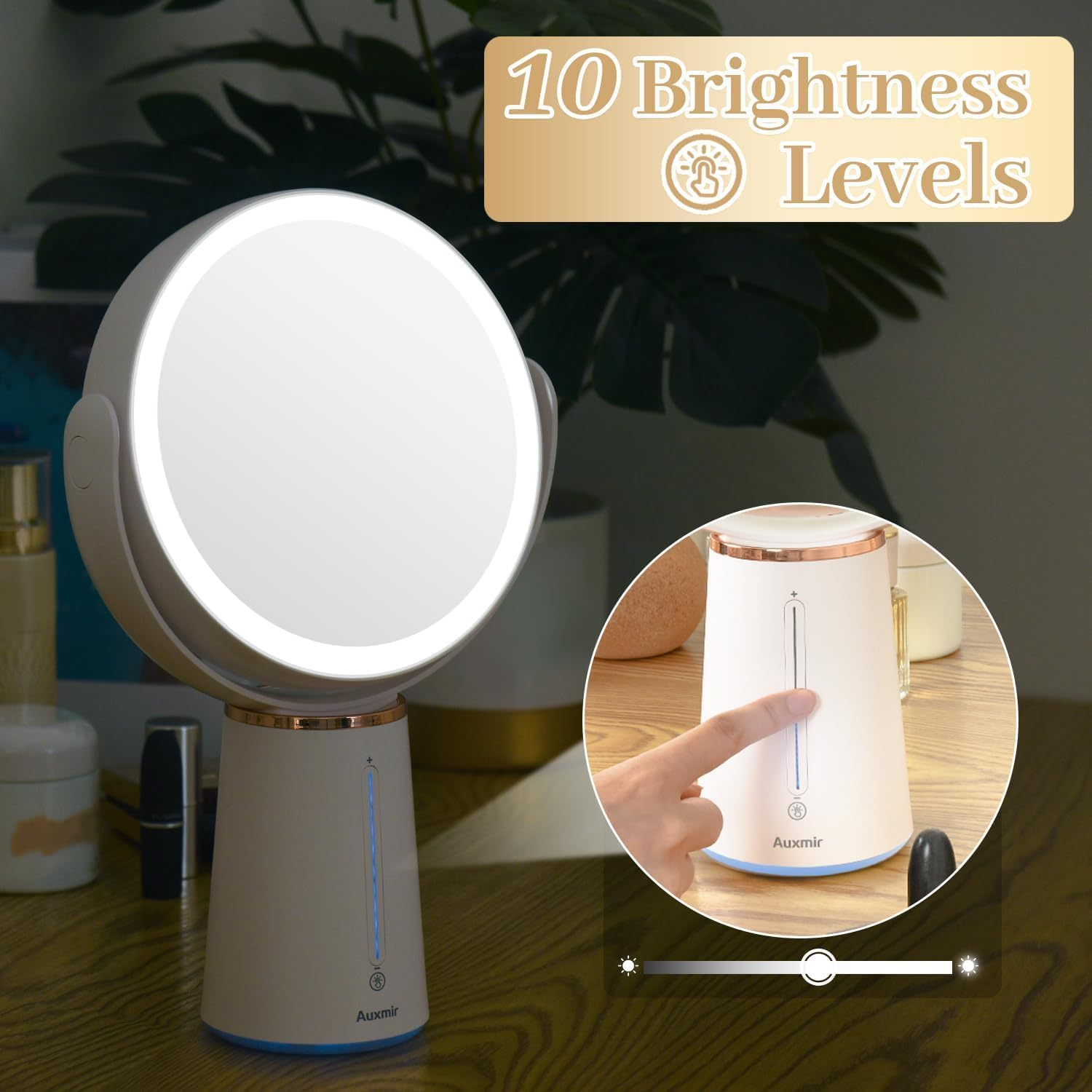 Auxmir Makeup Mirror with Lights, 8.3'' Double-Sided 10X/1X Magnifying Mirror, 2500Mah USB Rechargeable Mirrors with 52 LED Lights and 10 Brightness, 360&deg; Rotating Vanity Mirror for Bedroom, Bathroom image number 4