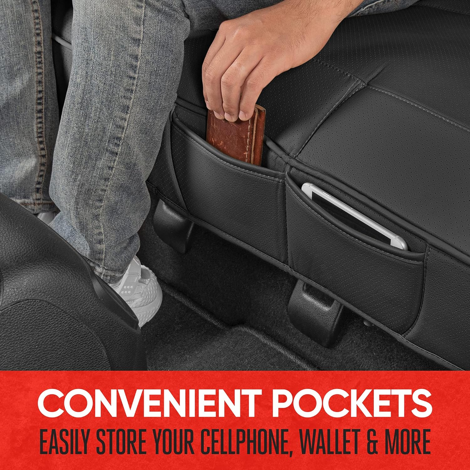 Motor Trend Faux Leather Padded Rear Bench Car Seat Cover with Storage Pockets image number 4