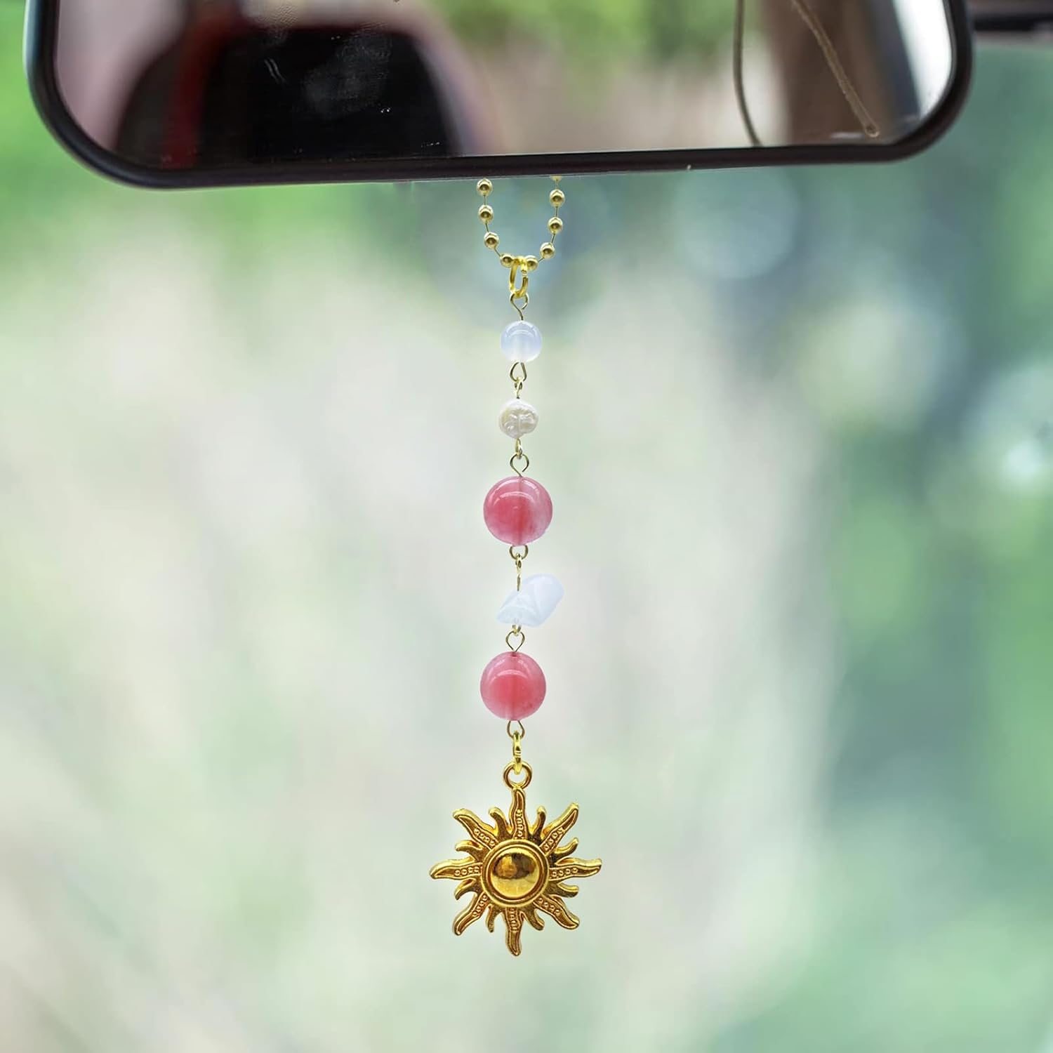 Sun Hanging Car Charm,Green and Gold Rear View Mirror Accessories Cute Boho Dangling Sun Car Decor Handmade Healing Crystals Stones Ornament Gifts for Women Men (Green) - Blue image number 4