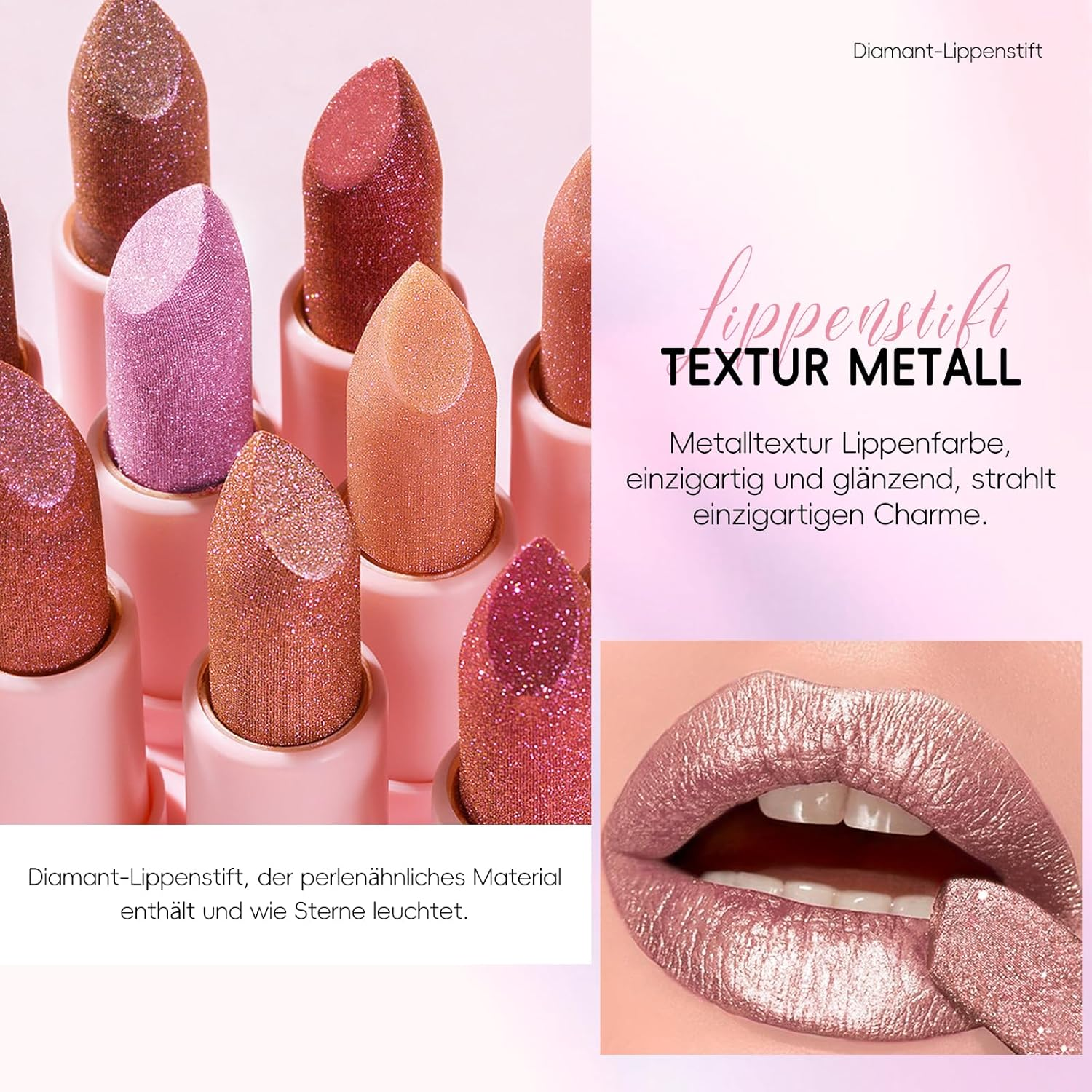 Noerrors Metallic Nude Glitter Lipstick, Intense Shine Lipstick Transfer-Resistant Diamond Creamy Brown Pink Long Lasting Lip Makeup for Women Girls image number 6