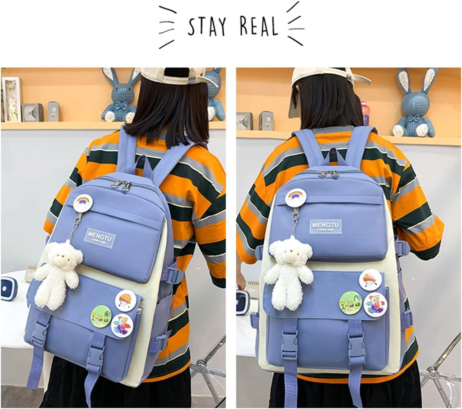 5Pcs School Bags Set Backpacks with Pendant Lunch Bag Pencil Case Handbag Coin Purse for Teen Girls School Backpack Blue image number 1