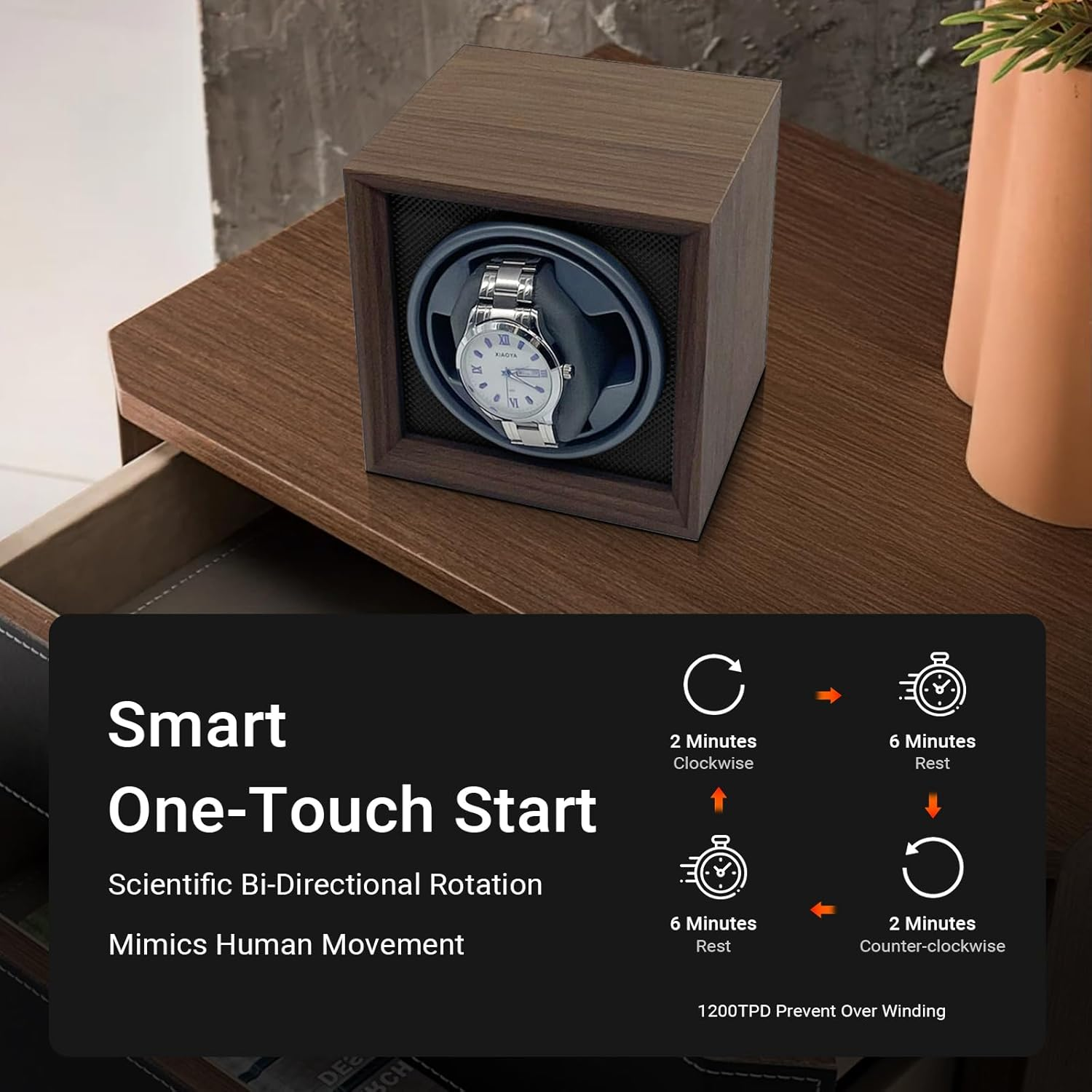 LIAN Automatic Single Watch Winder with Japanese Mabuchi Quiet Motor Wooden PU Leather Soft Flexible Memory Foam Watch Pillows for Men'S and Women'S Watches Blackgrey - Blackgrey image number 2