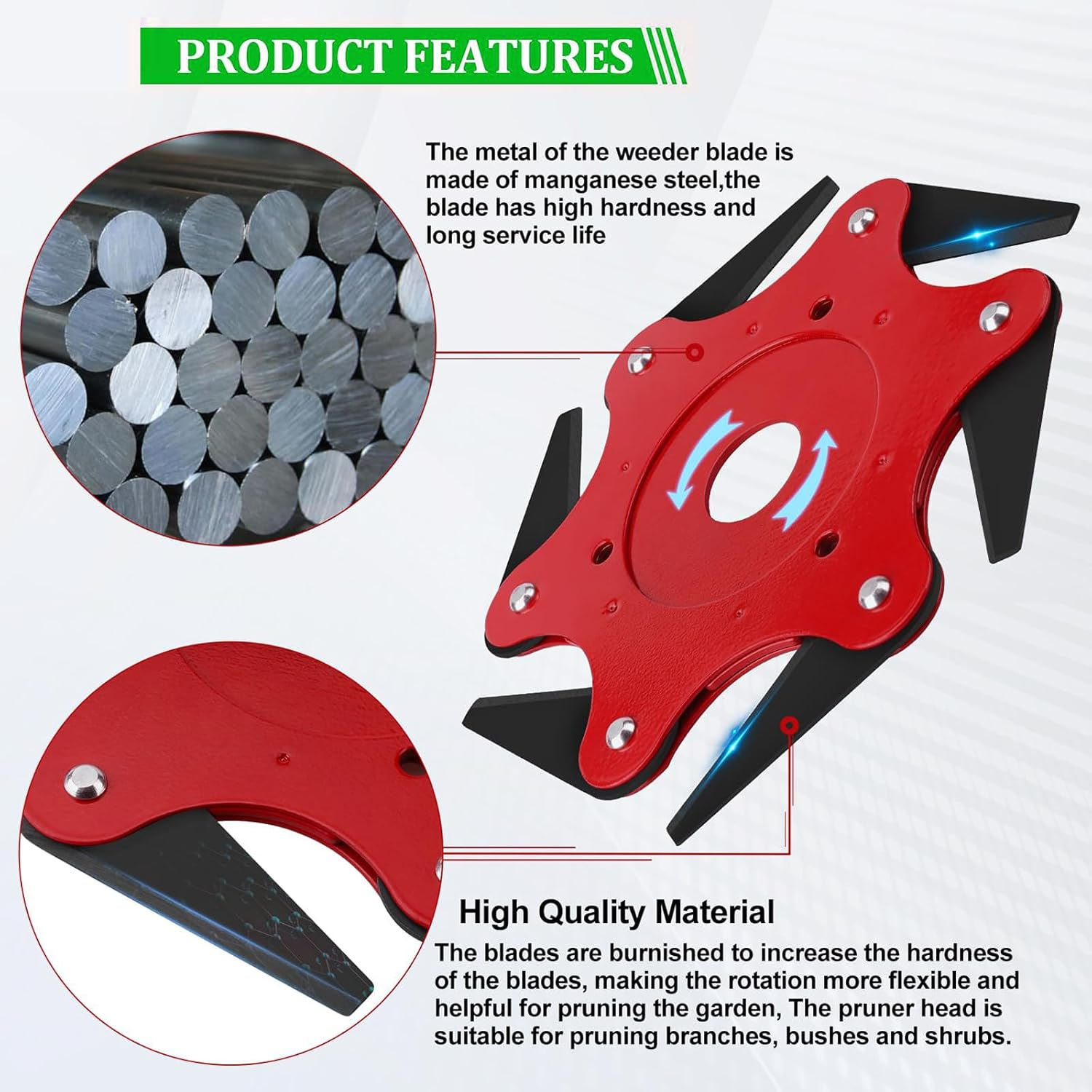 Ling-Luo 10" X 3 Teeth Carbon Steel Brush Cutter Blades & Steel Trimmer Head 6 Steel 65Mn Razors Trimmer Head with Universal Adapter Kit, for Brush Cutter, Trimmer, Weed Eater image number 5