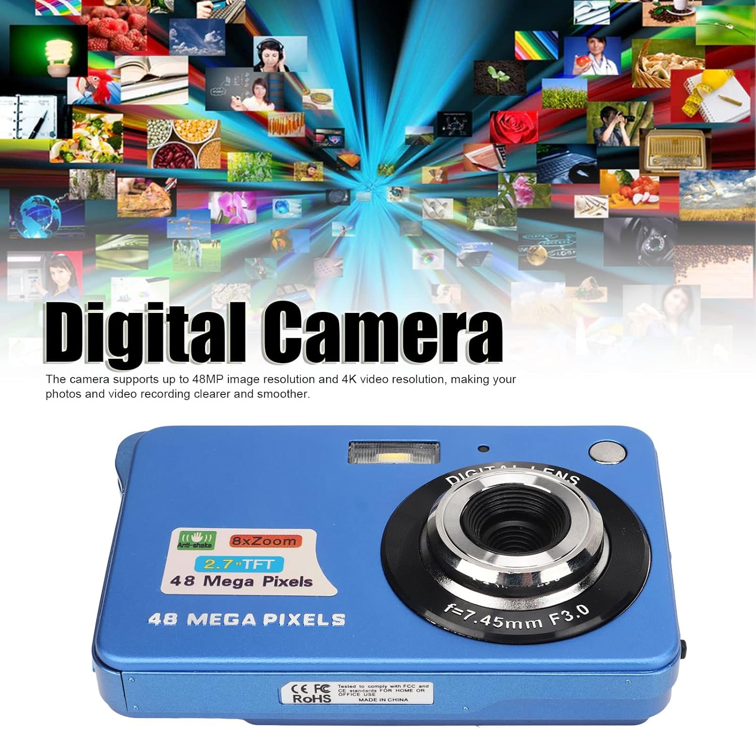 4K Digital Camera, 2.7In LCD Monitor 48MP 8 Zoom Digital Camera for Photography Continuous anti Shake Camera HD Camcorder. (Blue) image number 3
