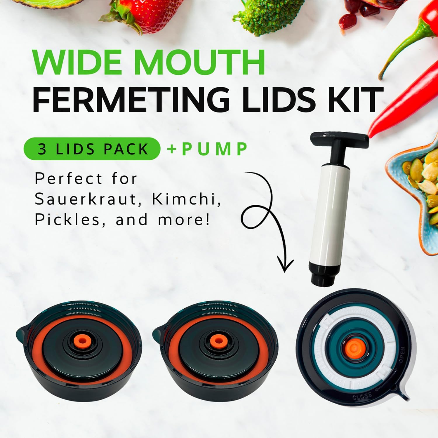 Easy Fermenter Fermentation Kit, Includes 3 Fermenting Lids for Wide Mouth Mason Jars & Oxygen Extractor Pump, Mason Jar Airlock Lid for Fermenting Kimchi, Pickle, & Sauerkraut image number 2
