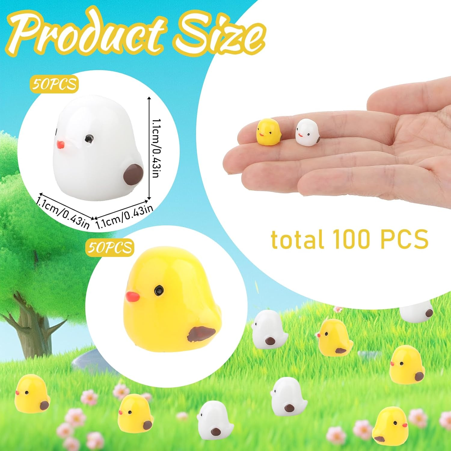 Hariendny 100 Pcs Tiny Chicken Figurines Mini Resin Chickens Model Mini Plastic Chickens Miniature Figurines Miniature Garden Ornaments Accessories for Home Decoration DIY Craft(Yellow&White) image number 4