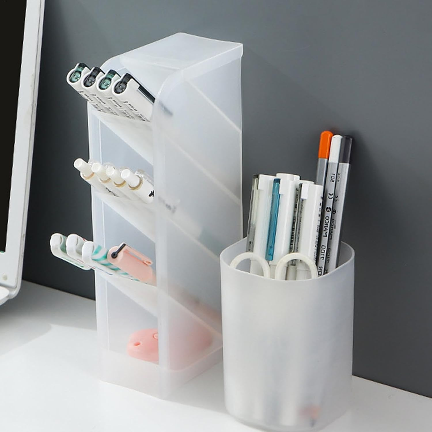 Pen Organizer | Pencil Holder | Desk Supplies Organisers | Art Marker Storage Rack | Watercolour Brushes Stand | Translucent Slanted Pen Storage | Mesh Desk Tidy for School and Office | Desk Organizer image number 6