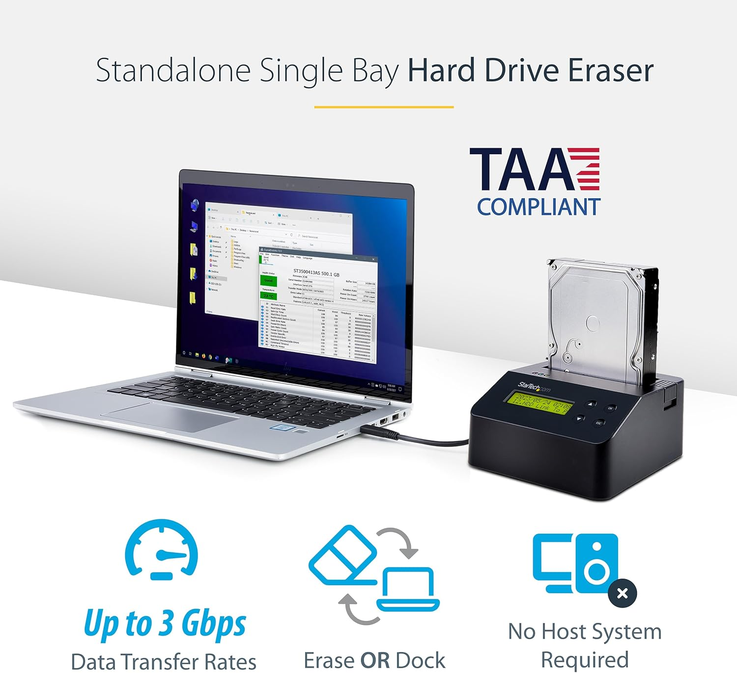 Startech.Com USB 3.0 Standalone Eraser Dock for 2.5" and 3.5&rdquo; SATA SSD/HDD Drives - Secure Drive Erase with Receipt Printing - SATA I/II image number 1