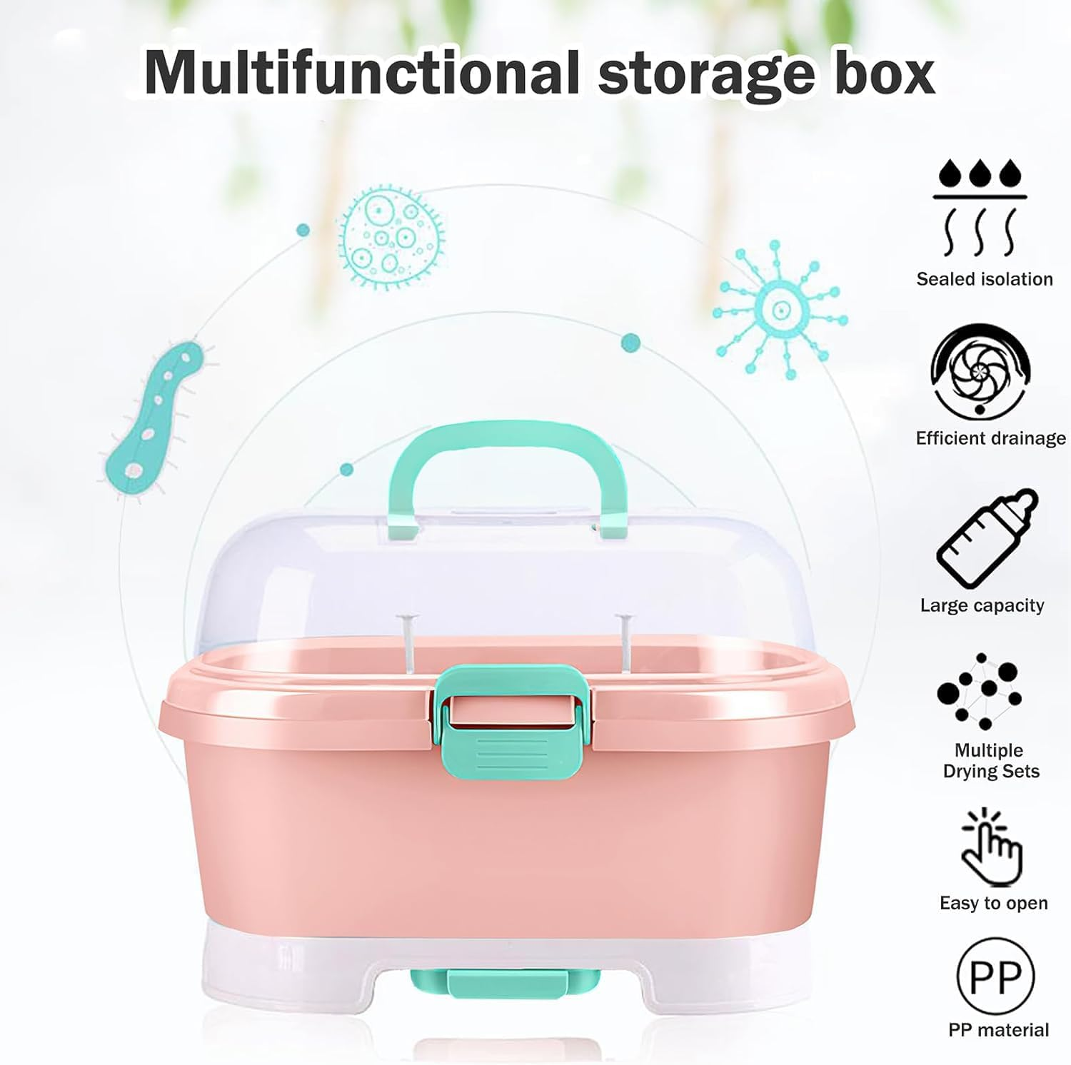 Baby Bottle Holder, Portable Large Capacity Toddler Bottles Storage Box with Lid Cover Anti-Dust Protection and Cutlery Storage Baby Bottle Drying Rack for Baby at Home Kitchen Travel Outdoors (Pink) image number 4