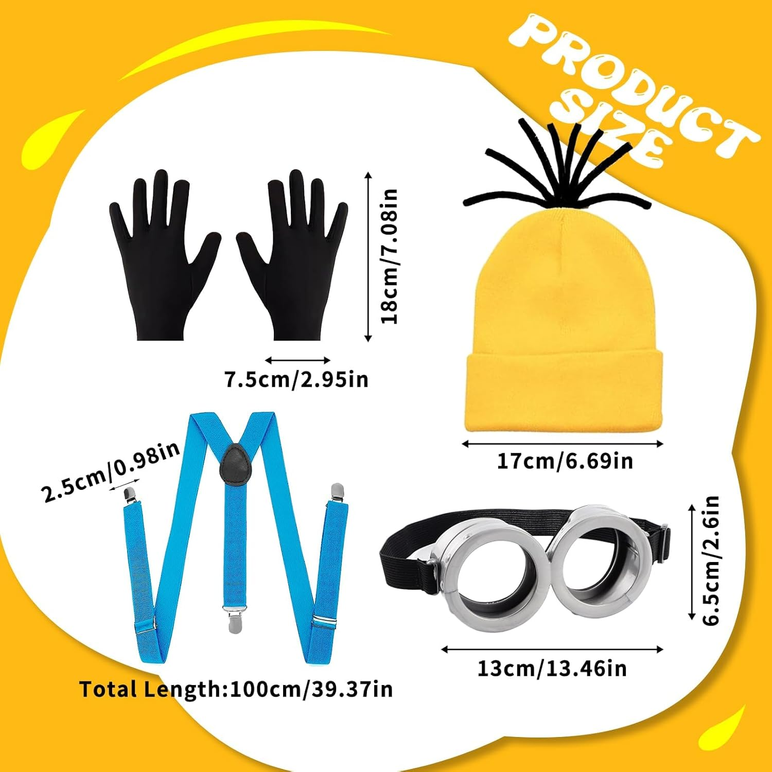 5PCS Yellow Costume Accessories, Fancy Dress Set with Eanie Knit Hats Goggles Gloves Blue Straps for Adult Halloween Cosplay Party World Book Day Dress up Outfits image number 2
