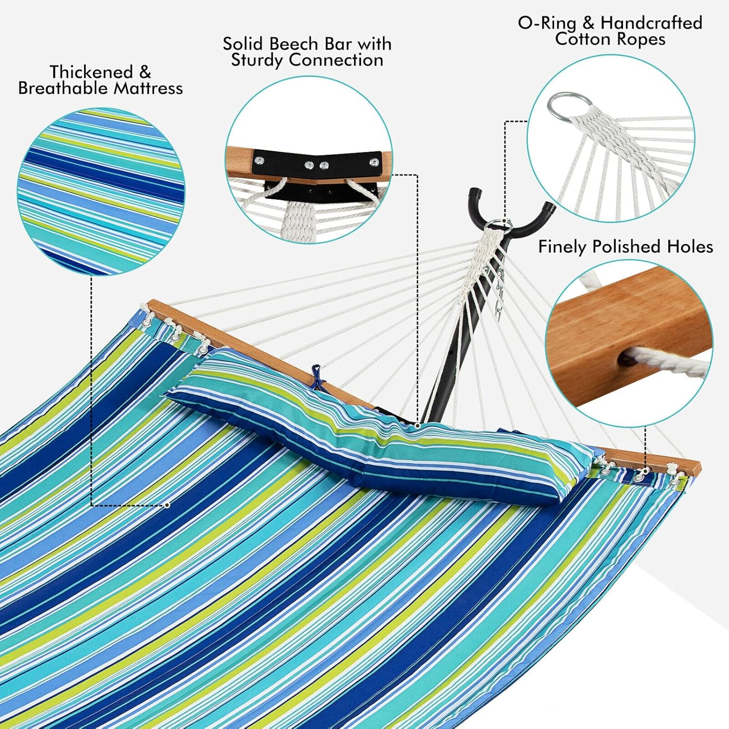 Costway Portable Hammock W/Spreader Bars & Detachable Pillow, Quick Dry & Water Proof Material, Hand Woven Cotton Rope, Outdoor Indoor Hammock for Patio, Poolside, Garden, Backyard