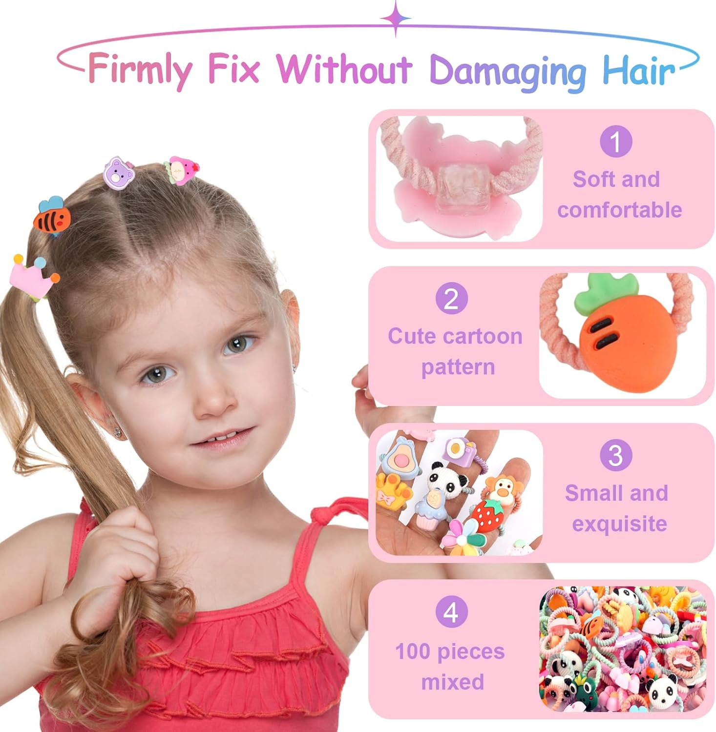 Pack of 100 Colourful Hair Bobbles Girls Elastic Baby Hair Bobbles Cartoon Hair Bands Girls Kids Hair Bobbles Small with Bows, Animal, Flower and Fruit Patterns image number 1