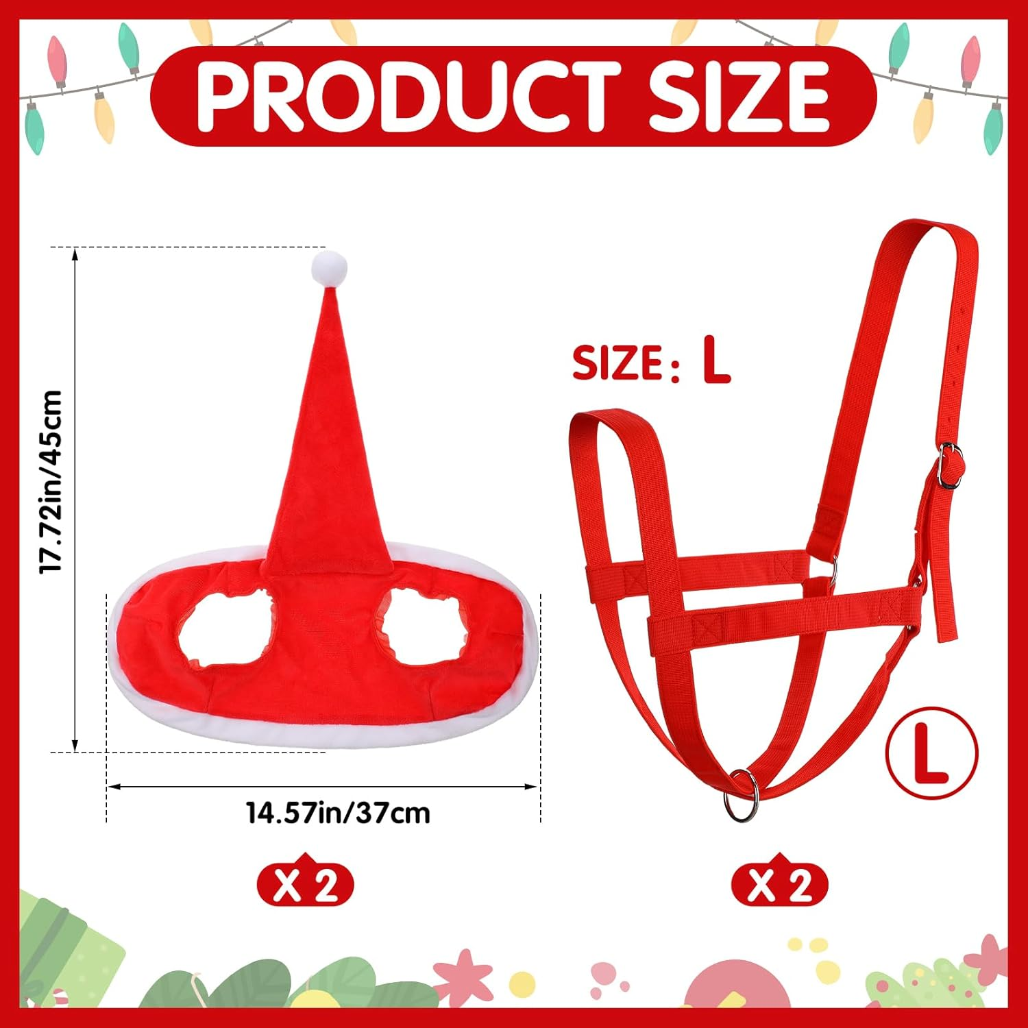 Paterr 4 Pcs Christmas Santa Horse Hat Holiday Elf Horse Hat Adjustable Christmas Horse Halter Set image number 5