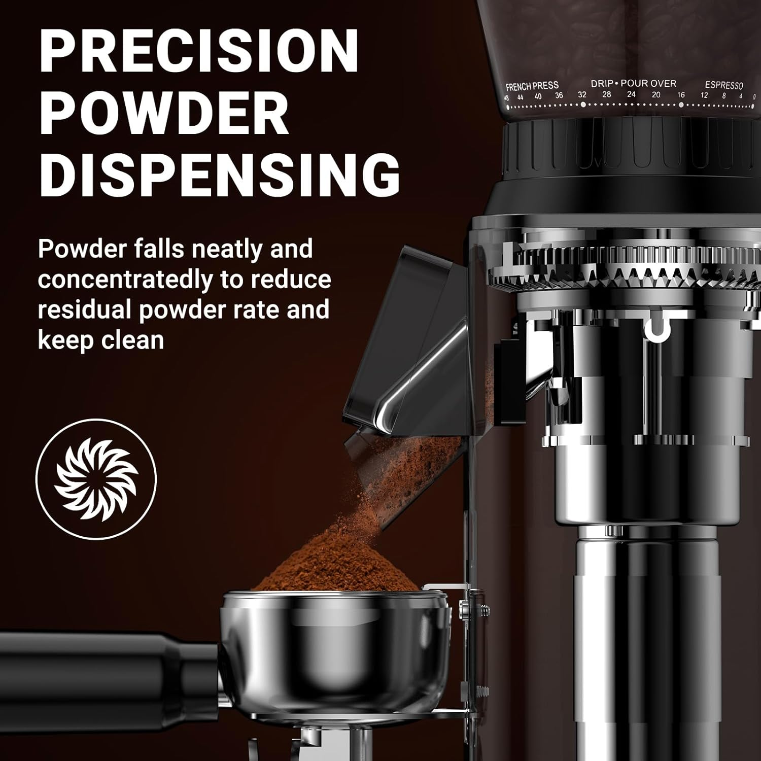 AMZCHEF Electric Coffee Grinder, Conical Burr Grinder with 48 Precision Grind Settings, LED Panel Control, Detachable Funnel Stand for Espresso, Drip, French Press, Easy to Clean, Stainless Steel image number 1