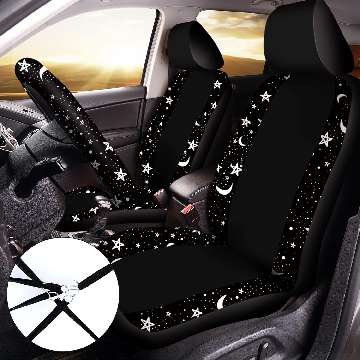 Yexiya 15 Pcs Moon and Star Car Seat Covers Print Car Accessories Full Set for Women Men Set Steering Wheel Cover Armrest Pad Seat Belt Pads Wrist Keychain Auto Interior Decor(Moon, Star) image number 4