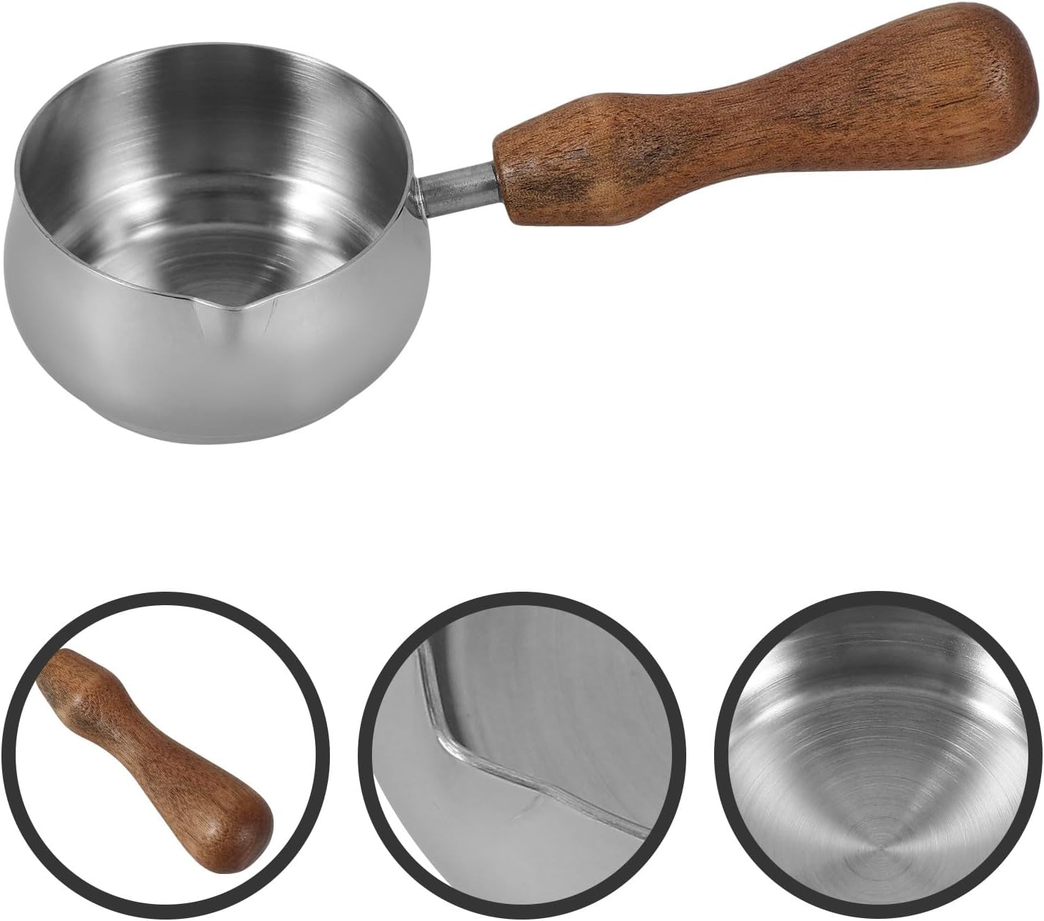 Homoyoyo Stainless Steel Milk Frothing Pitcher with Walnut Wooden Handle Small Creamer Jug for Espresso Coffee Smooth Surface Easy to Clean Stylish Small Milk Container for Home and Use image number 4