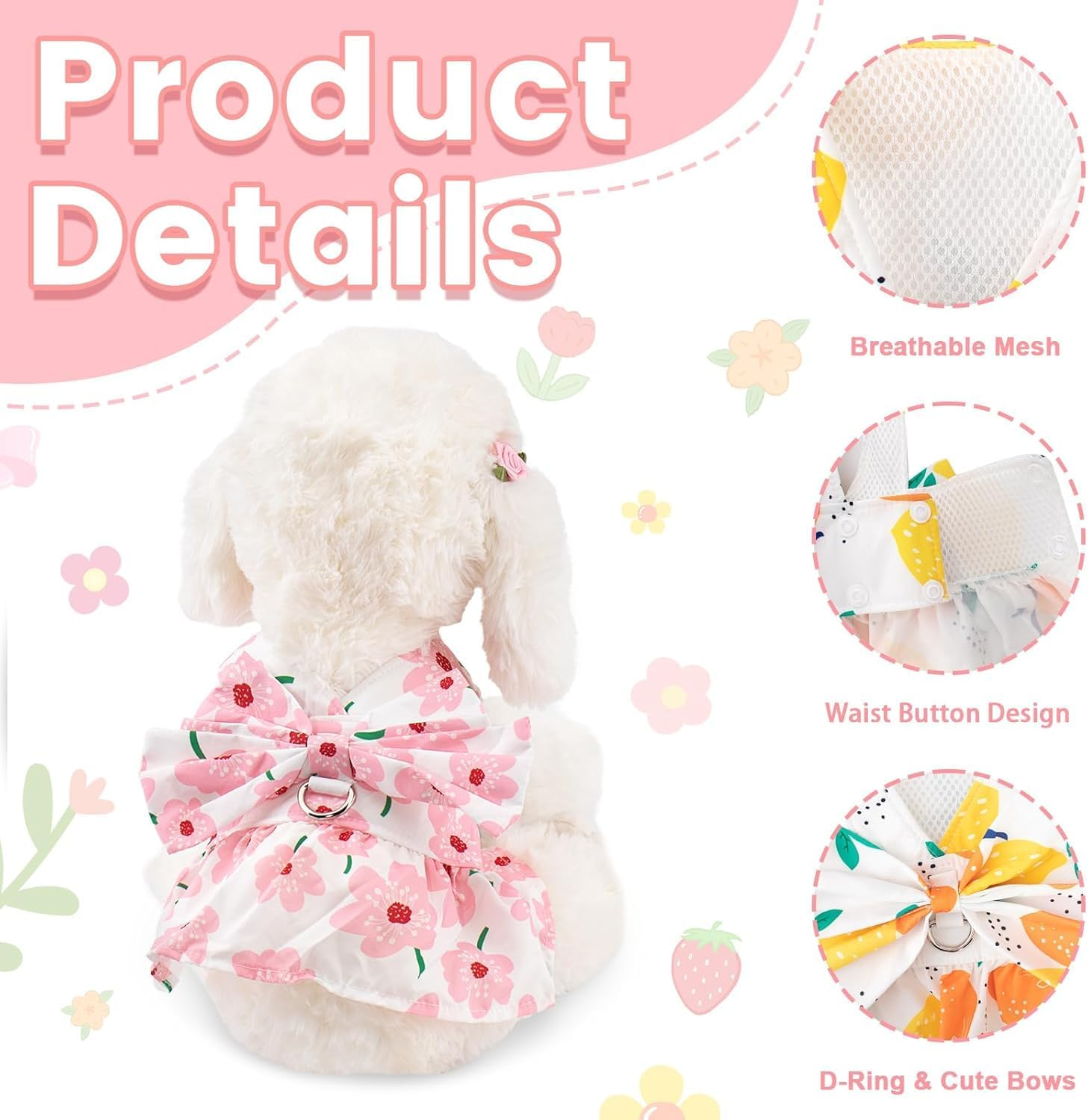 Small Dog Dress Harness and Leash Set Dog Dresses for Small Dogs Cat Girl Summer Cat Apparel Cute Bow Dog Harness Dress Floral Puppy Princess Vest Dress Pet Clothes (Orange Lemon, S)