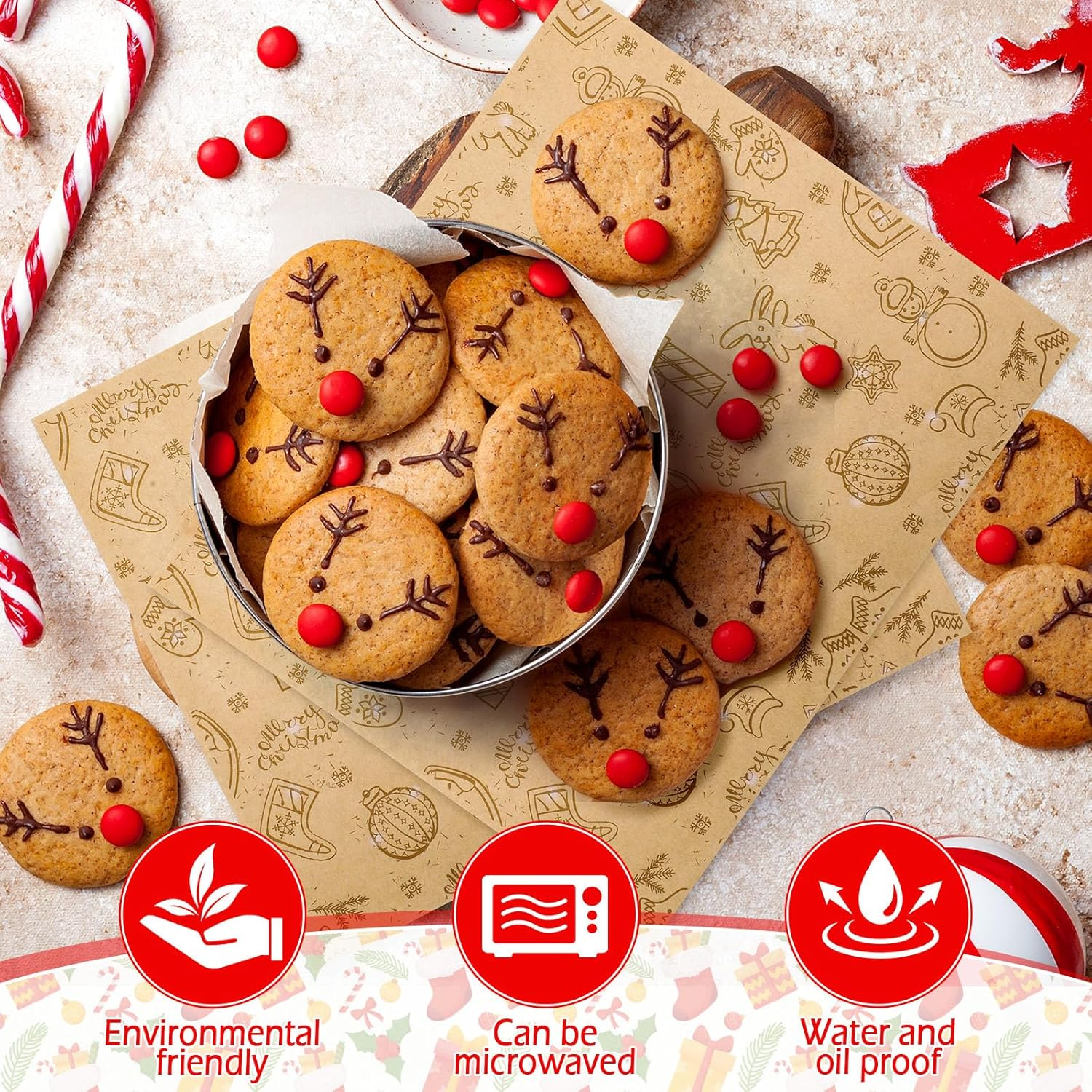 150 Pieces Wax Paper Sheets Christmas Wrap Paper Grease Resistant Paper Liners Greaseproof Paper Food Wrap Wrapping Tissue Sandwich Wrap Paper for Restaurant Food Supplies (Cute Style, Brown) image number 5