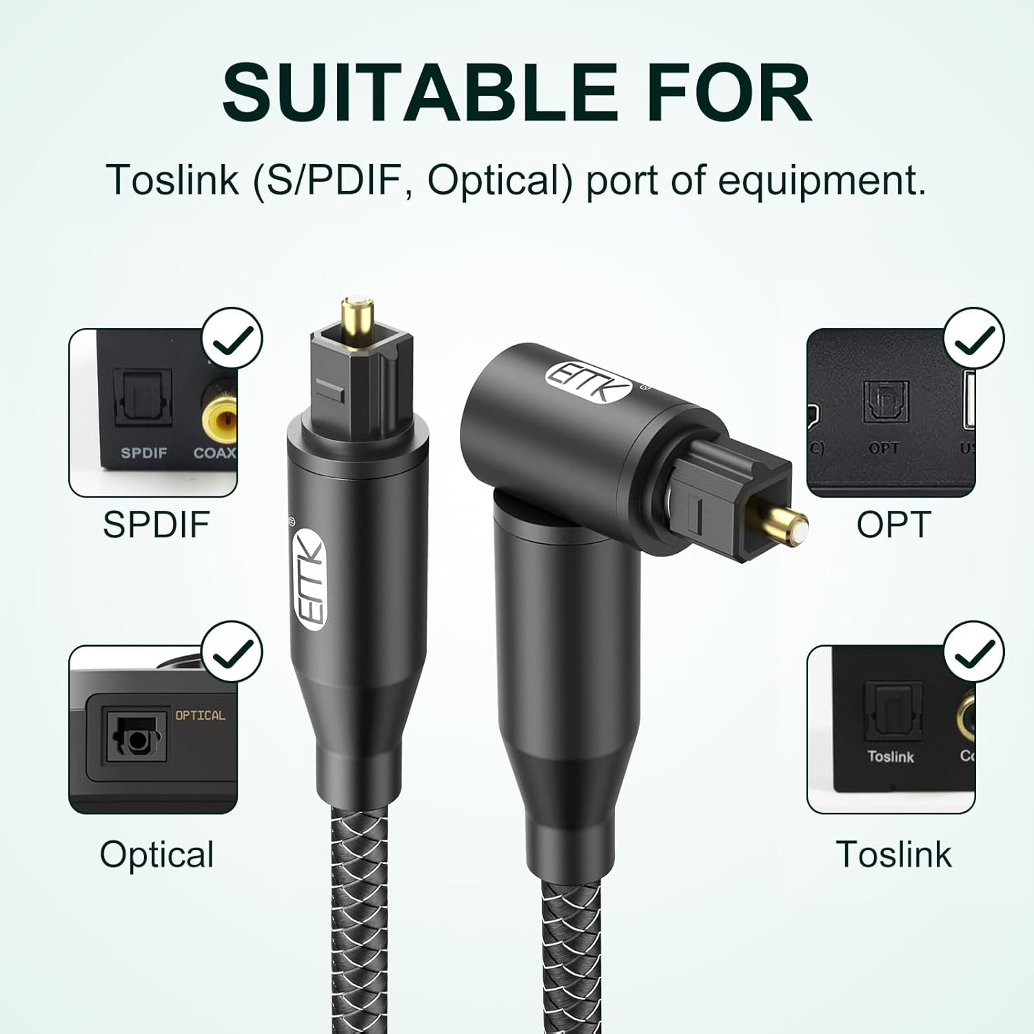 EMK Right Angle Optical Audio Cable Digital Toslink Cables (Gold-Plated Joint, 90 Degree Fiber Optic, SPDIF to TOSLINK, Corner Plug Optic) Optical Cable for Soundbar to TV, DVD, Speaker (0.3M) image number 5