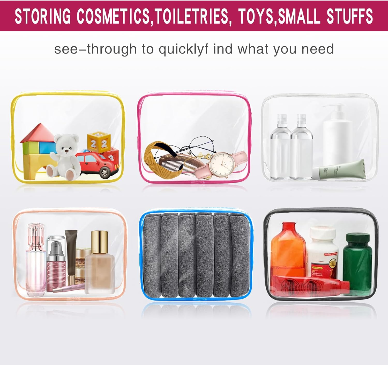 ZHOOGE 6 Pack Clear Travel Toiletry Bag Clear Makeup Bag Cosmetic Toiletry Bag - TSA Approved Clear Makeup Organizer for Travel, Quart Size Bag Carry on Airport Airline Compliant Bag, Multicolor, - Multicolor image number 3