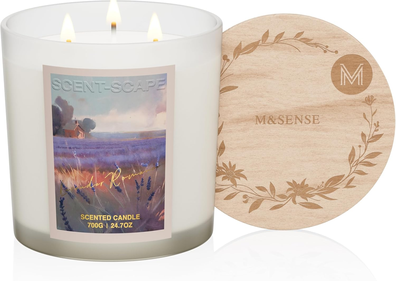 M&SENSE Large Scented Candles 3 Wick Lavender Candle, 24.7Oz /700G Soy Candle with Wooden Lid, 120 Hours Long-Lasting Burn, Jar Candle for Home Fragrance