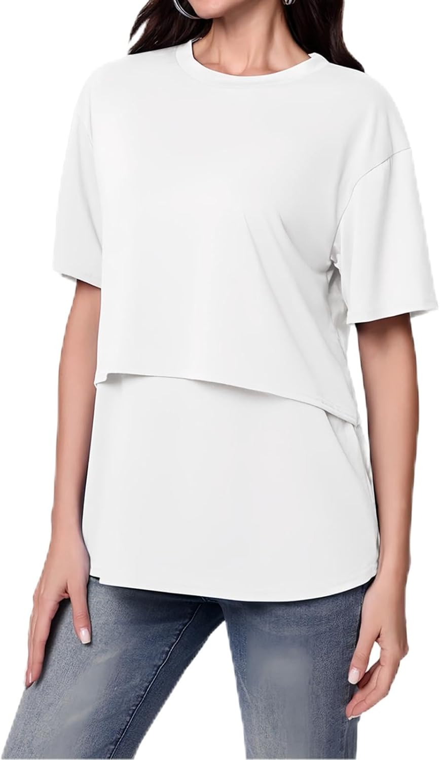 Maternity Tops Short Sleeve Nursing T-Shirt Lift-Up Breastfeeding T Shirts Plain round Neck Basic Nursing Top Loose Fit Pregnancy Clothes