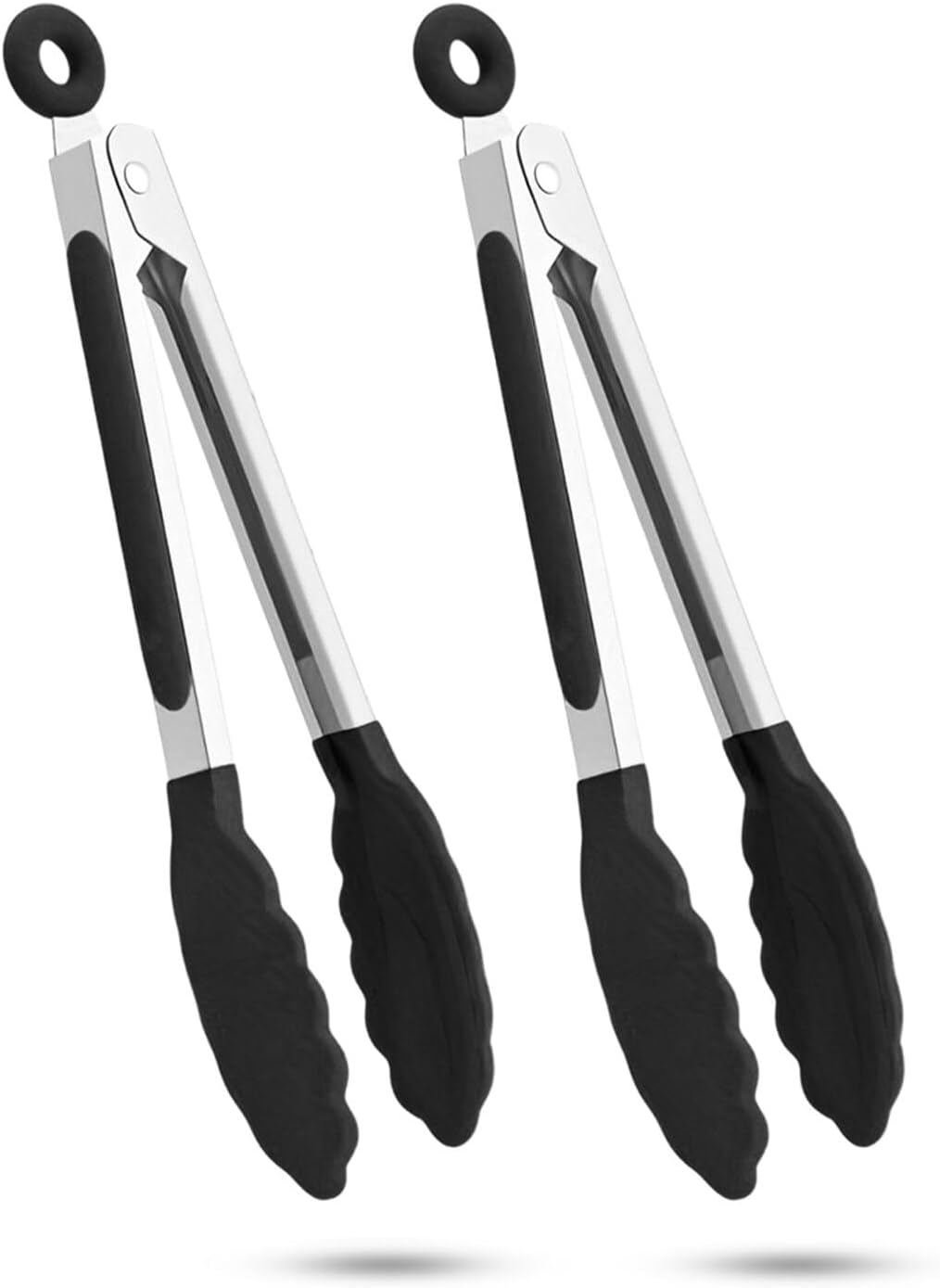 2-Pack of 9" (Small) & 12" (Large) Kitchen Tongs Set: Non-Stick Silicone-Stainless Steel Cooking Tongs, BPA Free, Heat Resistant (480&deg;F) - Non-Slip Grip & Locking Metal Food Tongs (Black)
