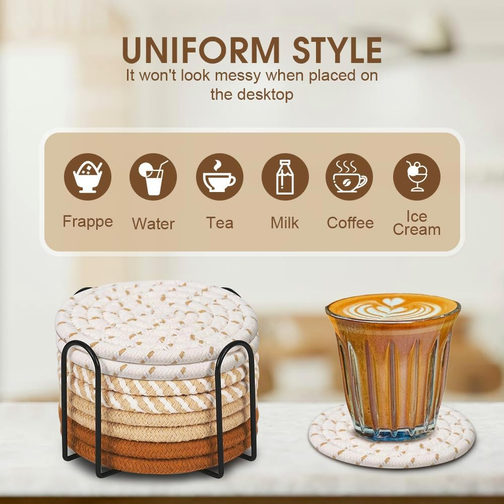Sonicefit 8Pcs Drink Coasters with Holder, 4 Colors Minimalist Cotton Woven Coasters Set, Boho Absorbent Coaster Suitable for Various Cups, Ideal for Coffee Table, Bar Tabletop, Home Decor (Color 1) image number 5