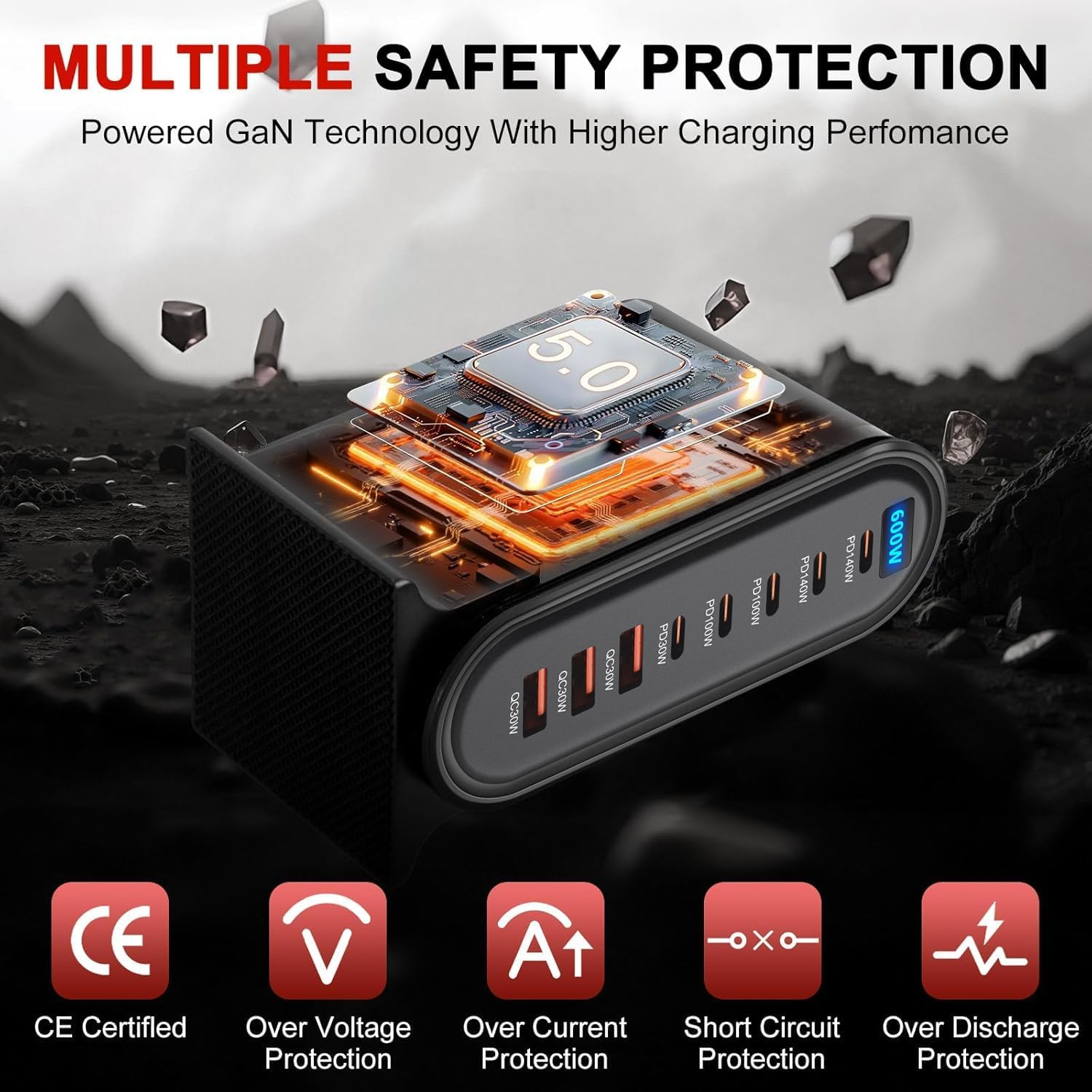 600W USB C Fast Charger Block,8 Port USB Charging Station,Gan III Fast Charging Station Hub,Pd 3.1 140W Laptop Charger Adapter Compatible with Macbook DELL Iphone Galaxy image number 4