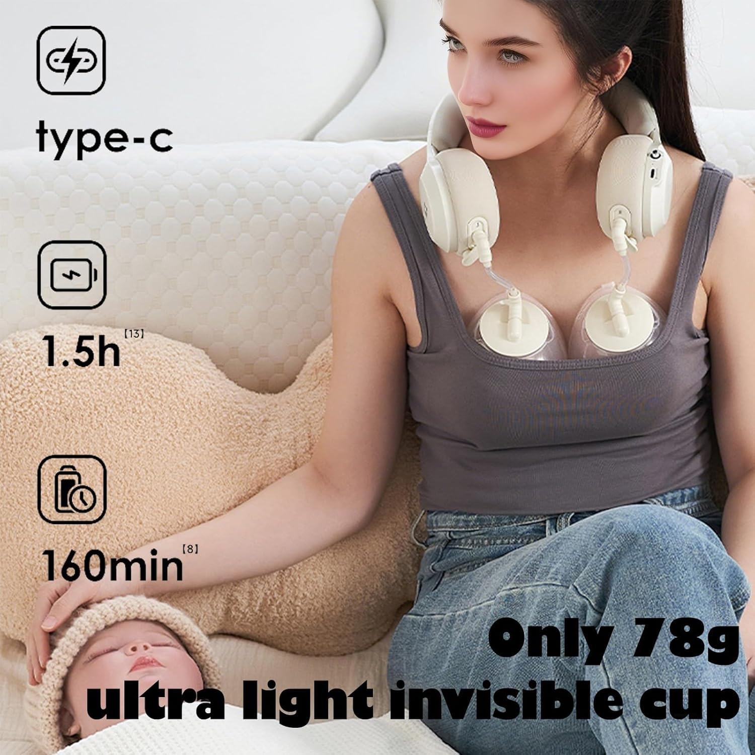 Hanging Neck Breast Pumps,Hands Free Electric Breast Pump,78G Ultra Light Breast Cup,Neck Hot Compress,Pressure Stabilization Prevent Pain,Keep Emptying,Portable Storage Bag&Breast Pump Set image number 6