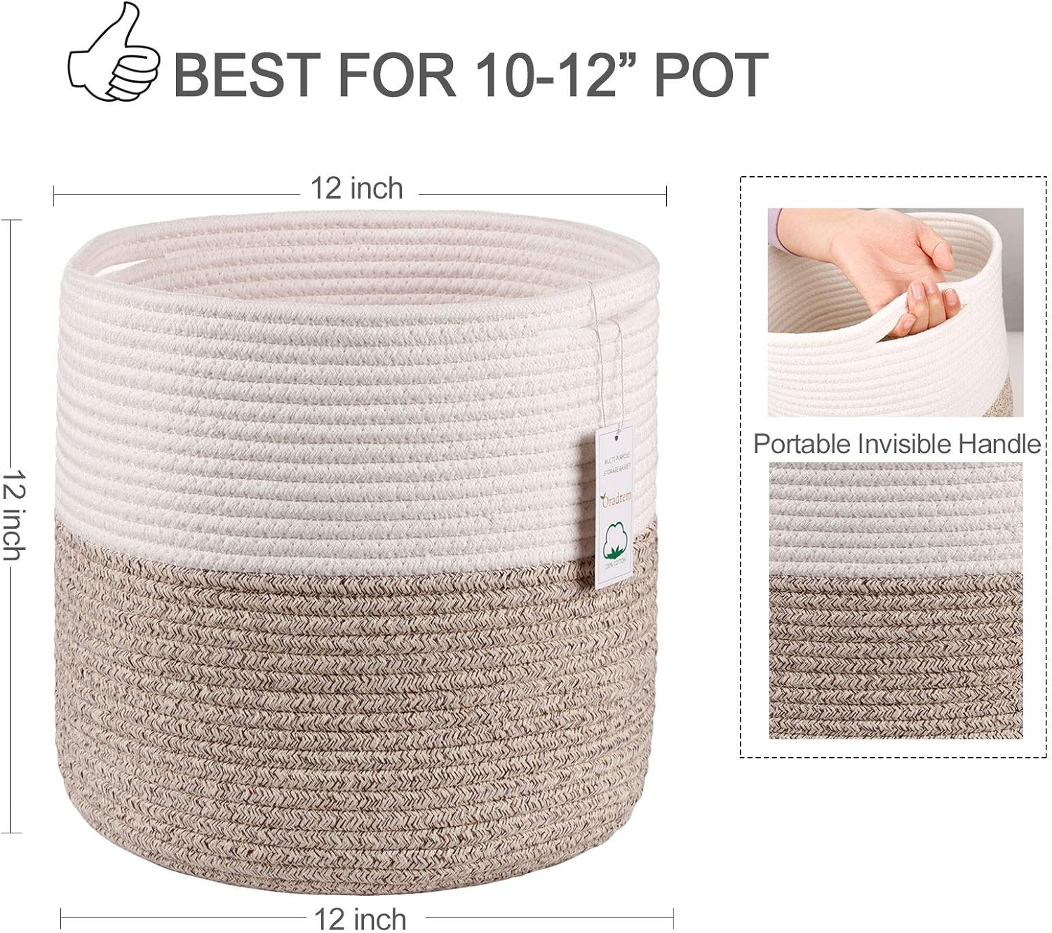 Woven Cotton Rope Plant Basket for 11 Inch Flower Pot Floor Indoor Planters,Decorative Small Basket for Plants Storage Organizer Modern Home Decor (12" X 12", Khaki) image number 1