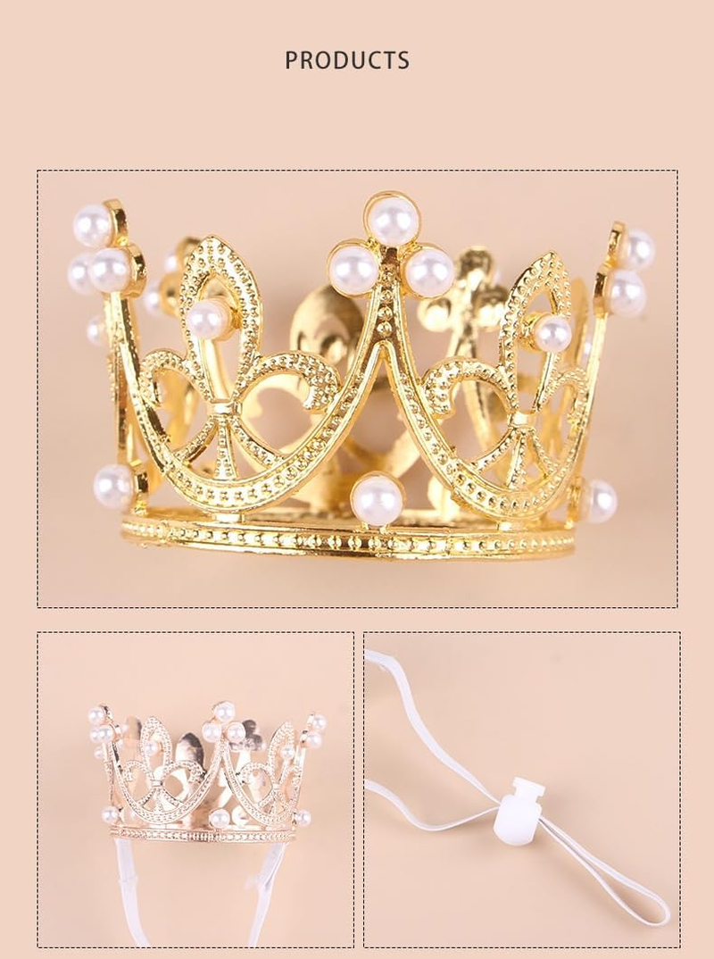 2Pcs Pet Birthday Party Crown for Small Dog with Adjustable Strap Hat Rhinestone Faux Pearl Crown for Birthday Party (Gold+Rose Gold, One Size) image number 2