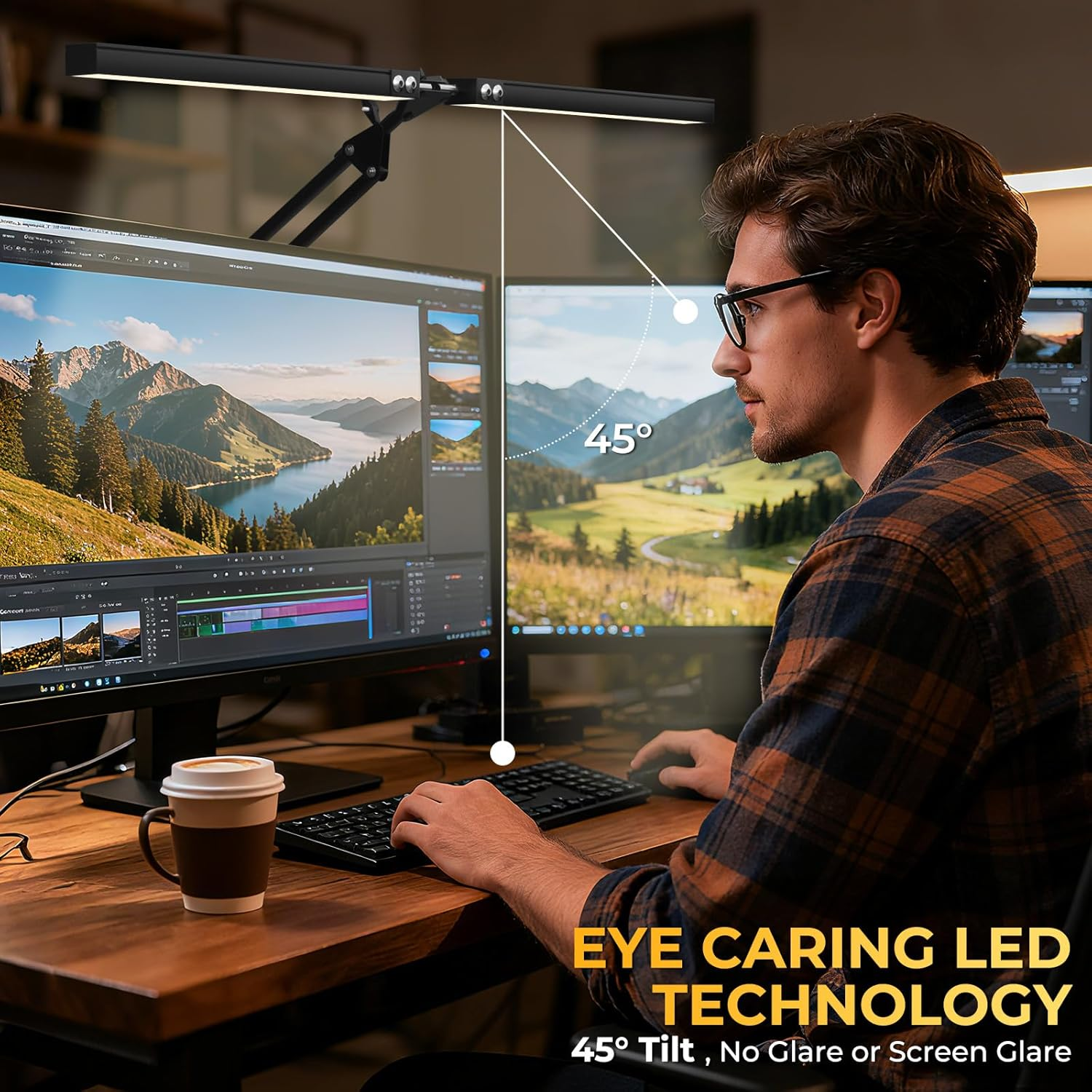 LED Desk Lamp, Double Head Table Lamp, Clampable, Adjustable Swing Arm, 2400 LM, 5 Colour Temperature Modes, Timer and Memory Function, Easy to Install - for Office, Reading, Black image number 4