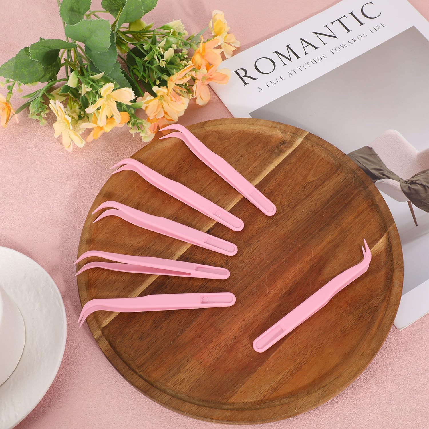 12Pcs Plastic Tweezers, 11.5Cm/4.5In Non-Slip Grip Bent Tip Jewelry Tweezers Crafts Baking Decorations & Reptile Feeding for DIY Jewelry Making Kids (Pink) image number 2