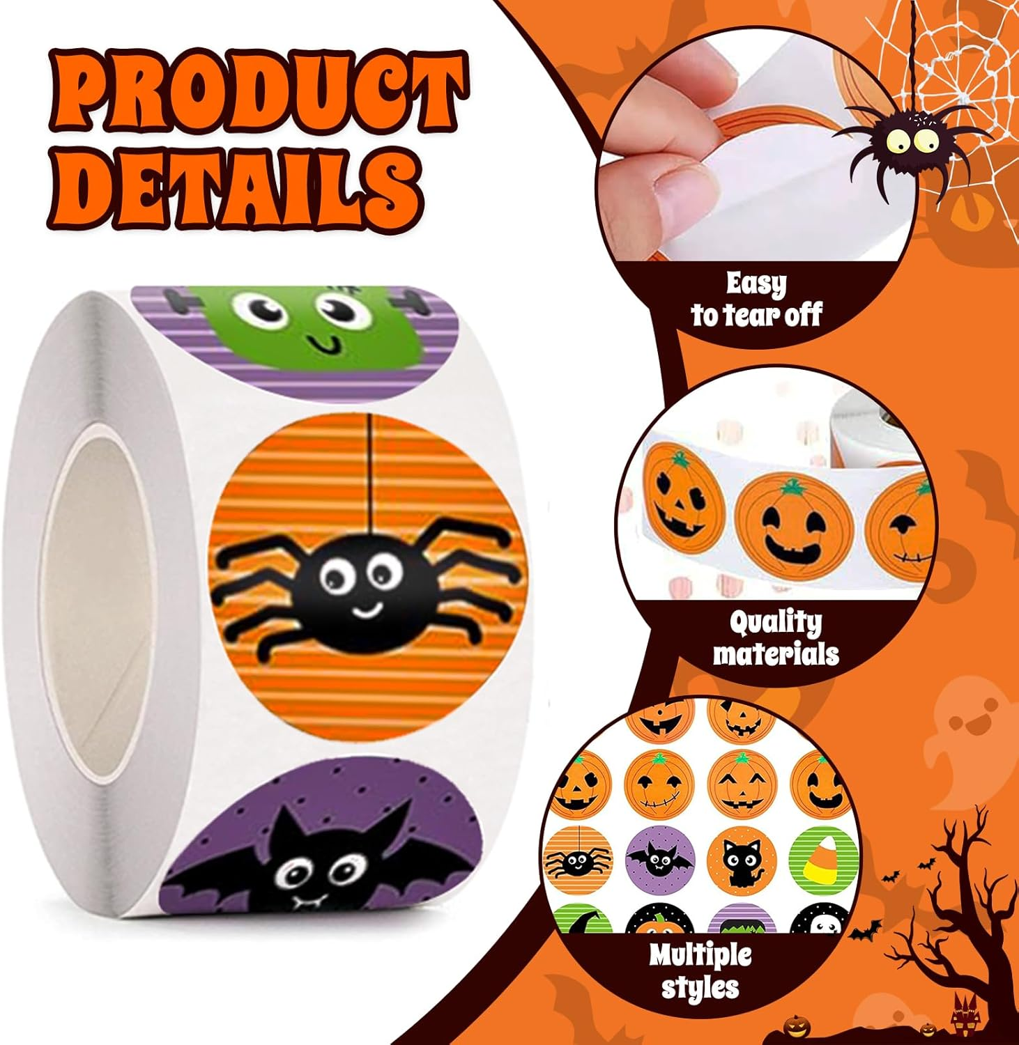 Halloween Stickers for Kids, 1000 Pcs Byhoo Halloween Pumpkin Bat Spider Stickers Roll, 16 Vibrant Colors and Designs, round Seal Label Stickers, Envelope Seals Paster for Halloween Party Decorations image number 6